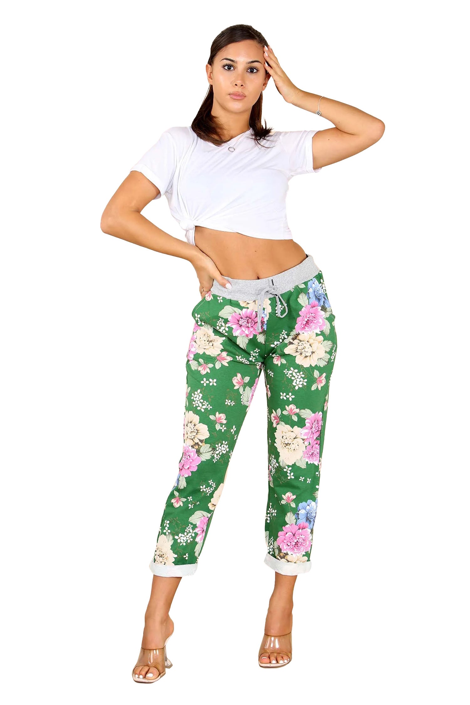 Italian Floral Print Drawstring Cotton Joggers - Green