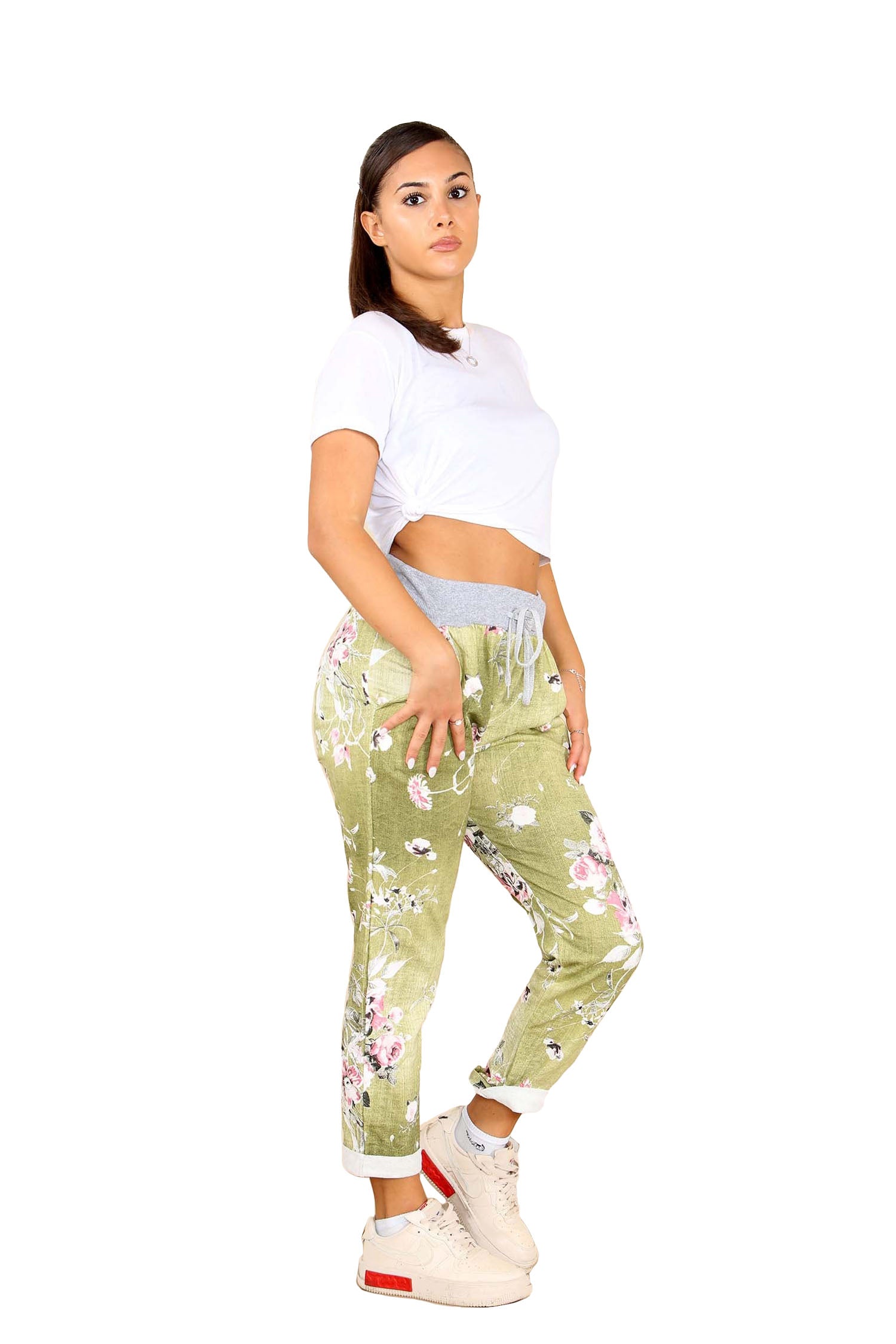 Italian Floral Print Drawstring Cotton Joggers - Lime Green