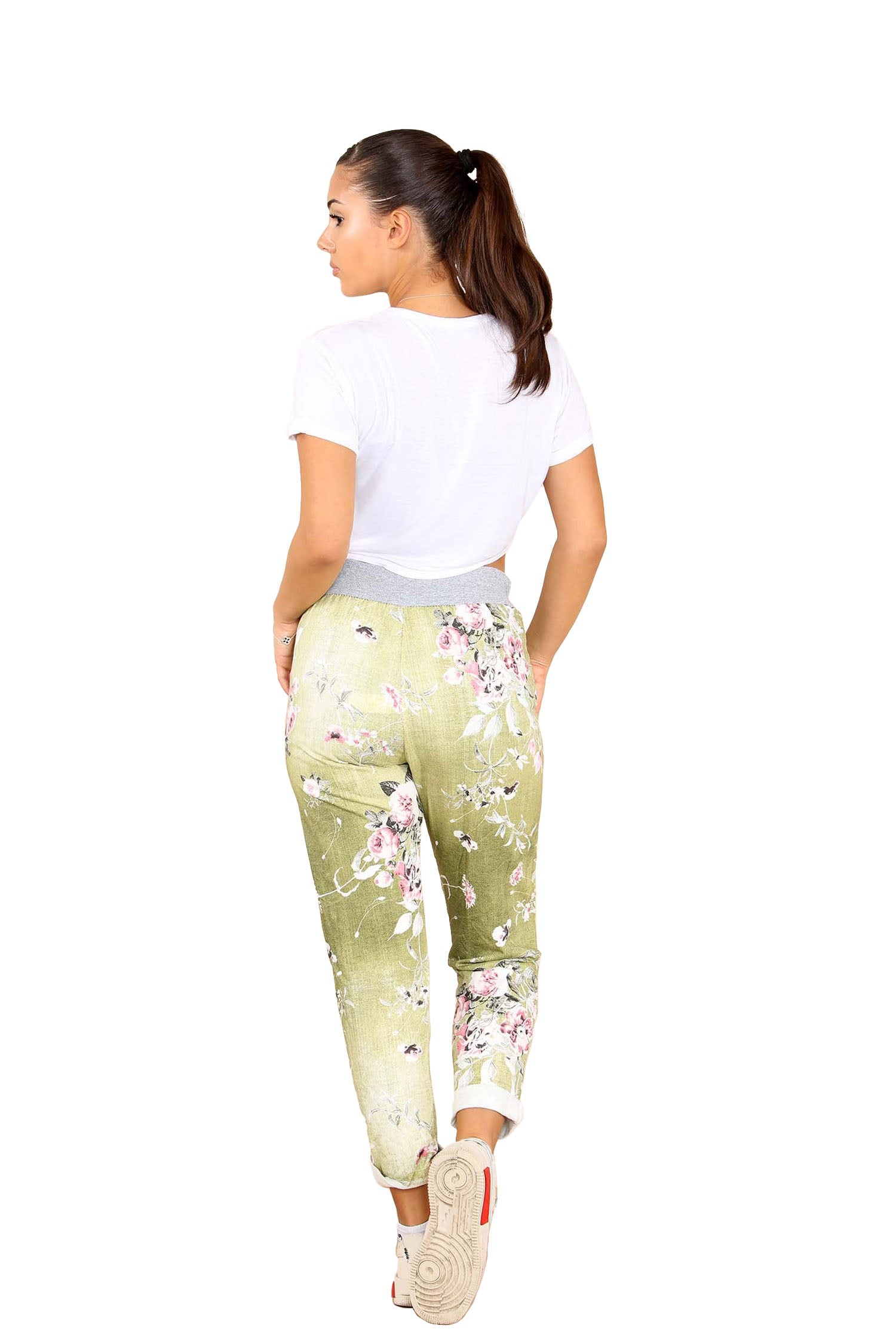 Italian Floral Print Drawstring Cotton Joggers - Lime Green