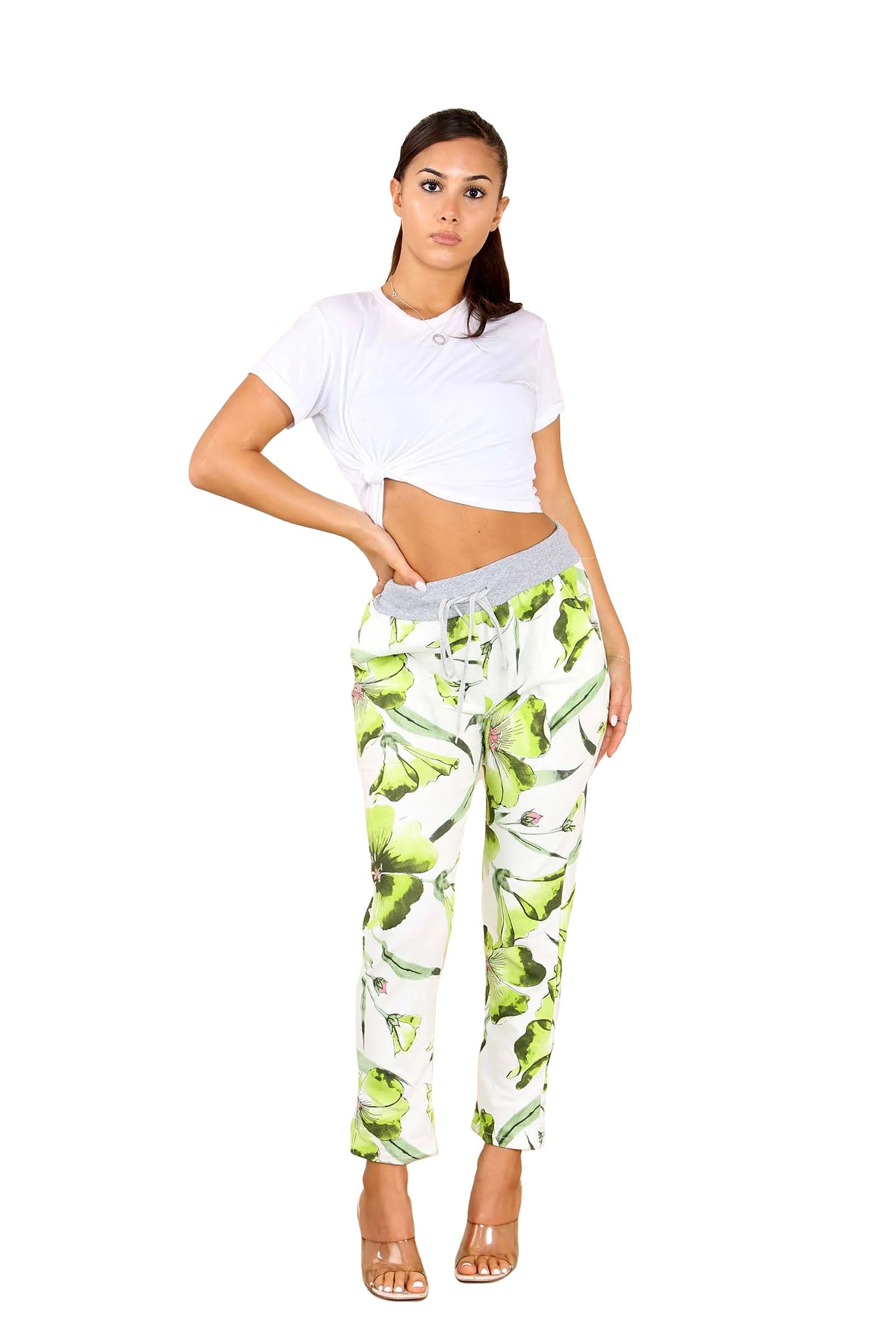 Italian Floral Print Drawstring Cotton Joggers - Lime Green