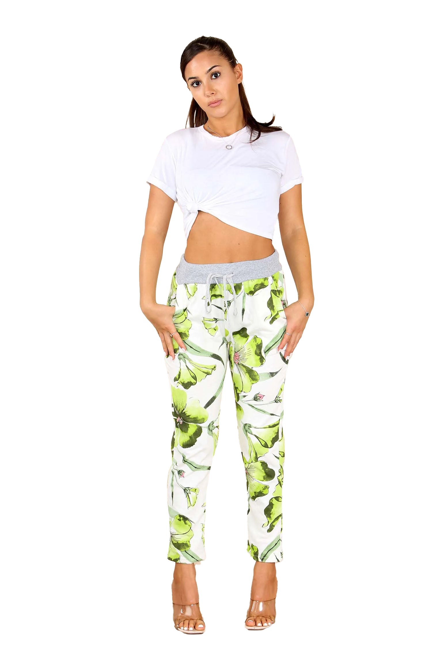 Italian Floral Print Drawstring Cotton Joggers - Lime Green