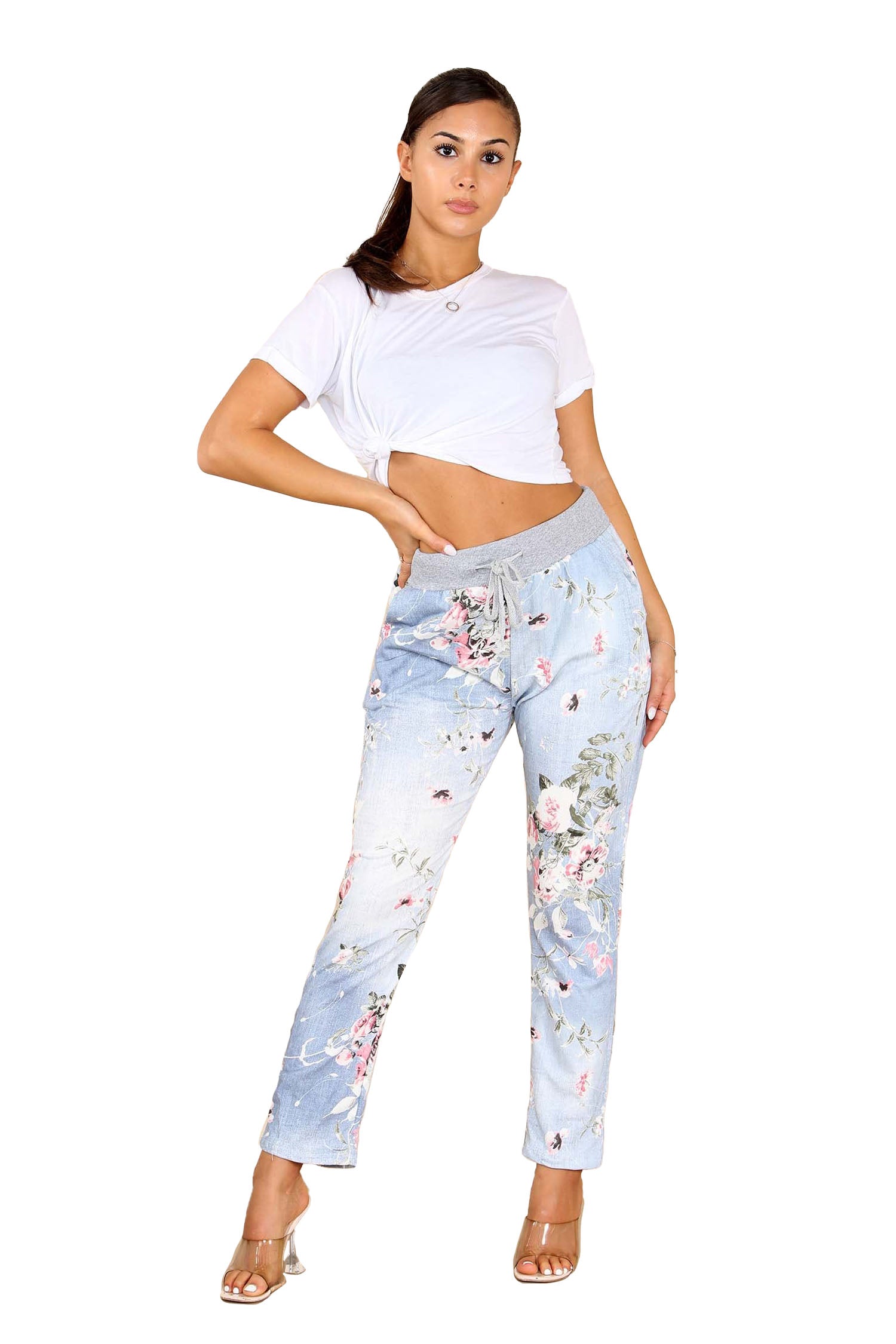 Italian Floral Print Drawstring Cotton Joggers - Lite Blue