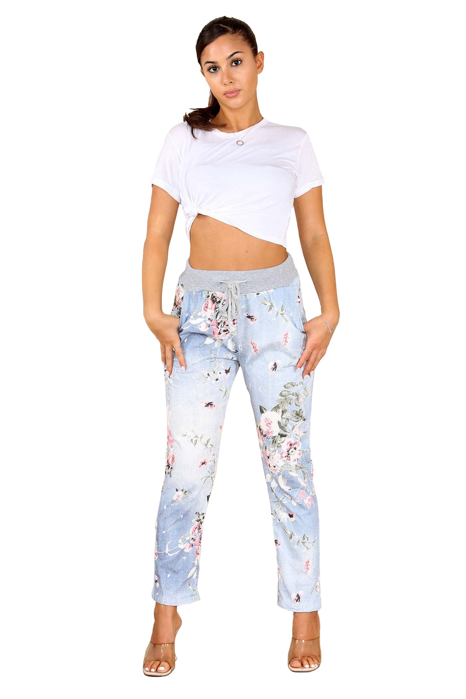 Italian Floral Print Drawstring Cotton Joggers - Lite Blue