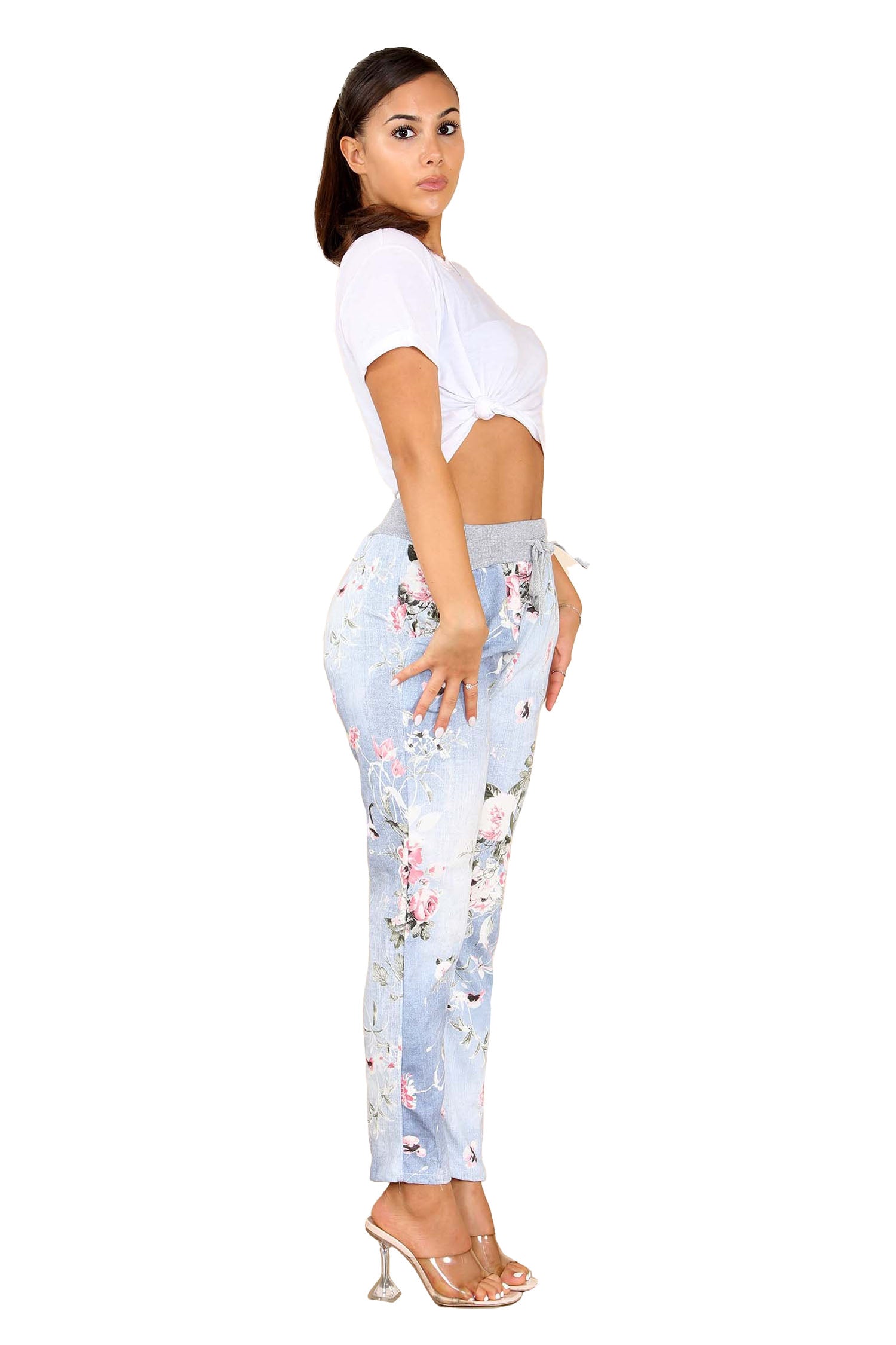 Italian Floral Print Drawstring Cotton Joggers - Lite Blue