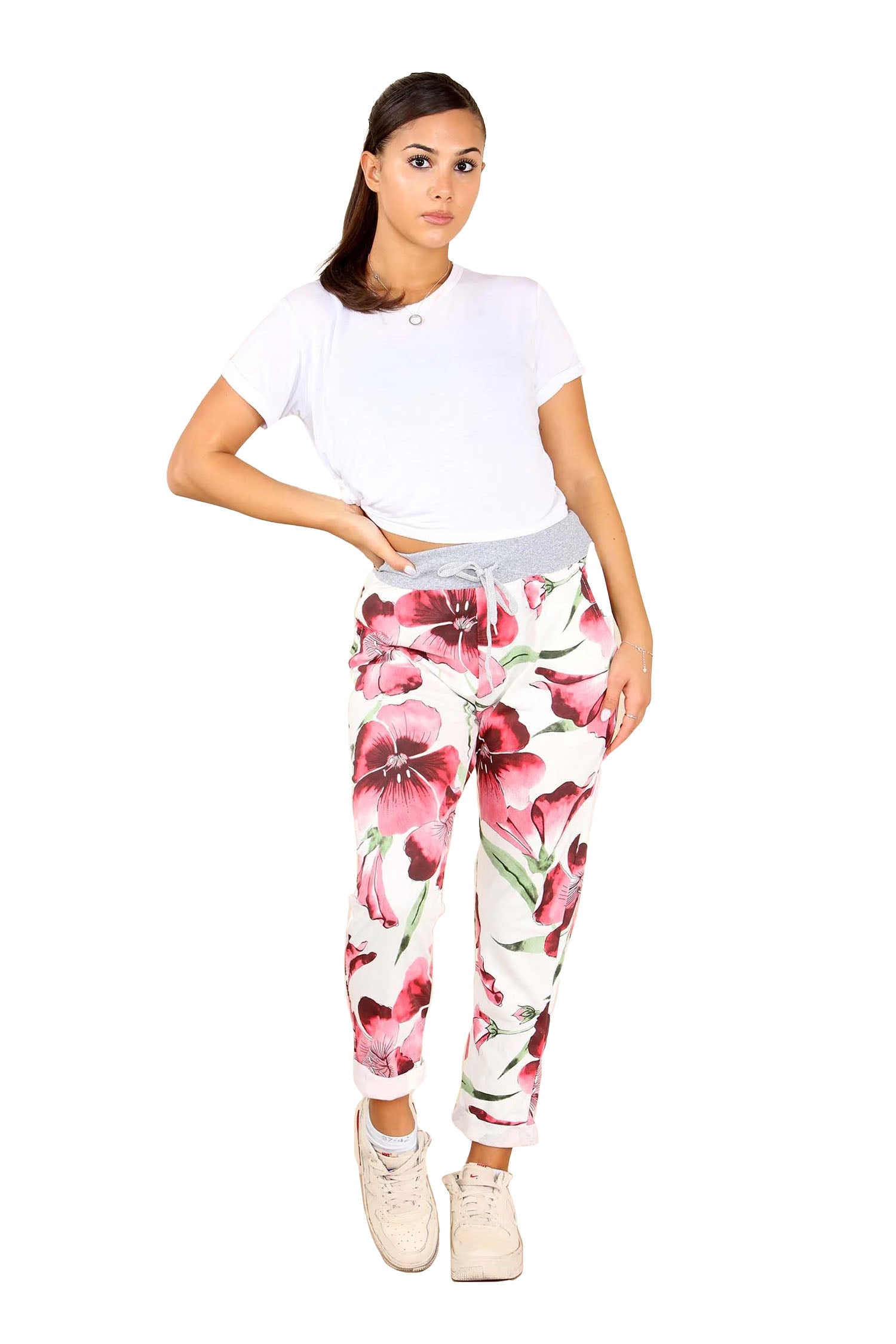 Italian Floral Print Drawstring Cotton Joggers - Mahroon