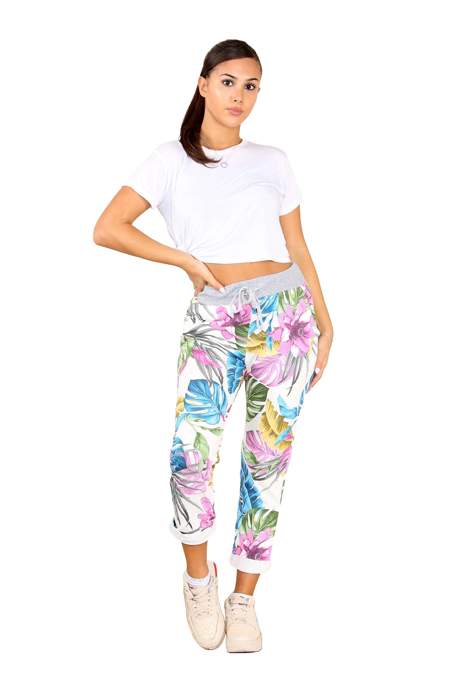 Italian Floral Print Drawstring Cotton Joggers - Multy