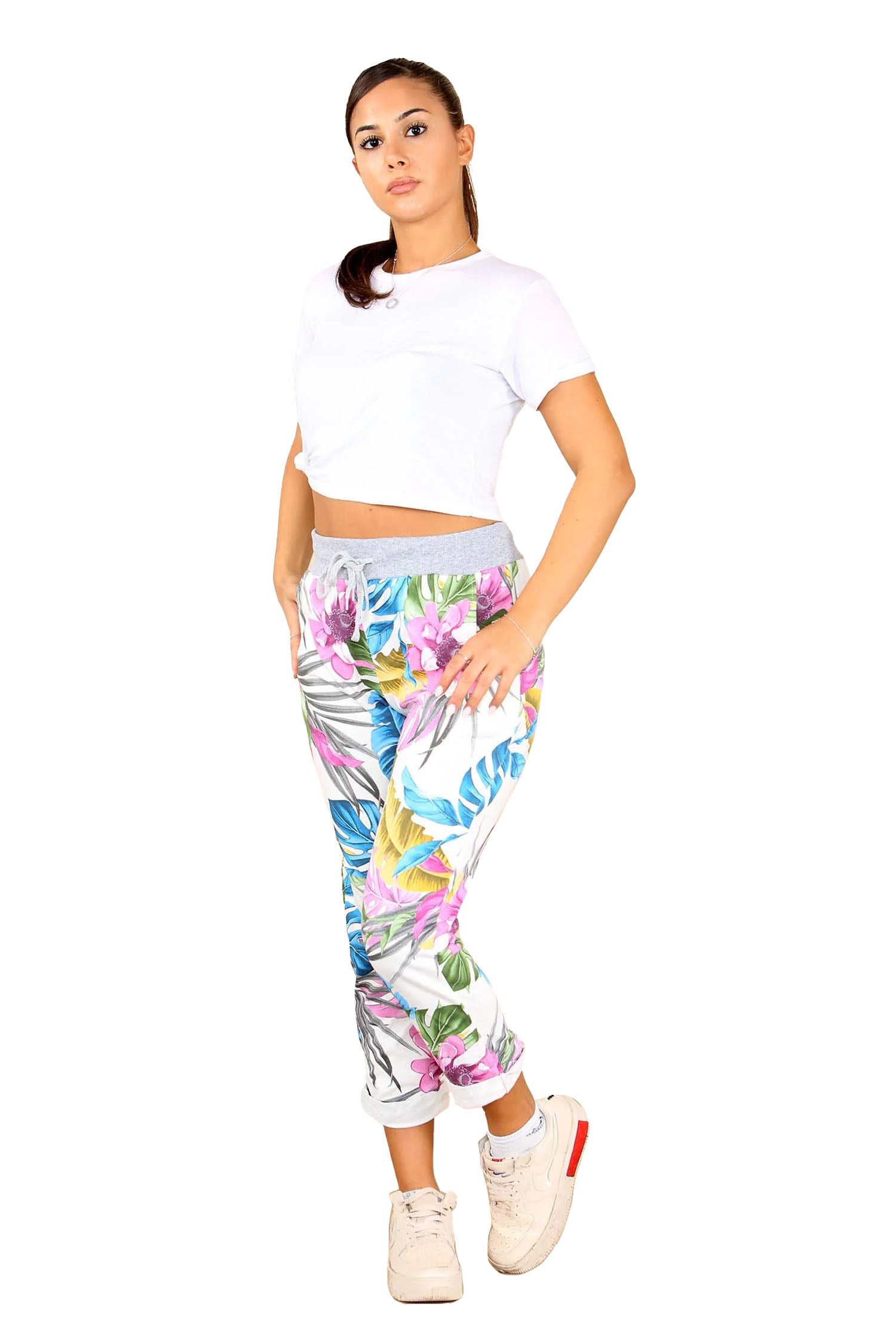 Italian Floral Print Drawstring Cotton Joggers - Multy