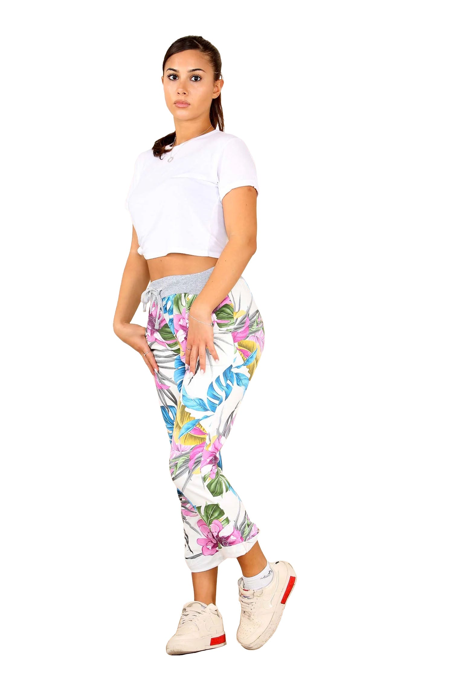 Italian Floral Print Drawstring Cotton Joggers - Multy