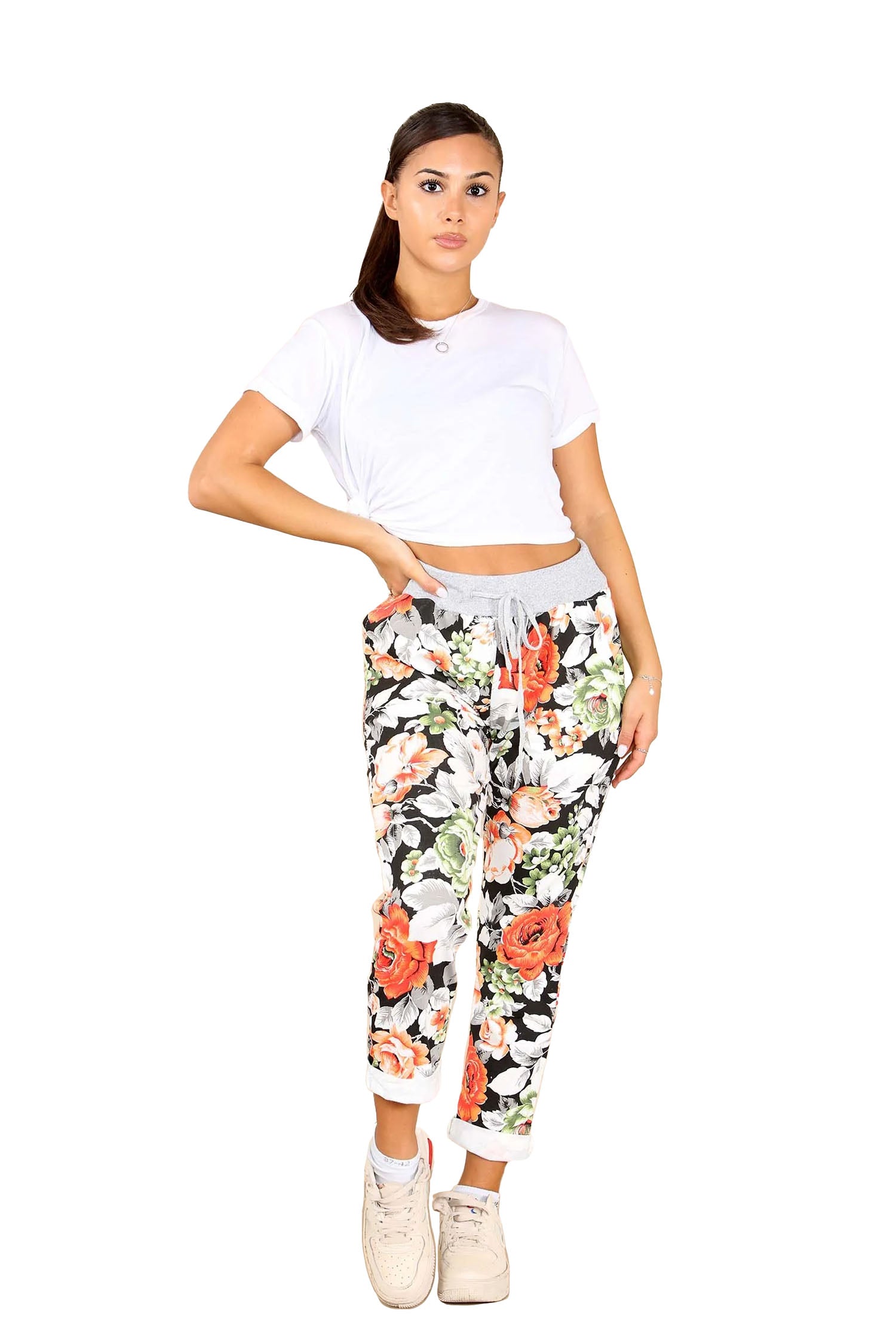 Italian Floral Print Drawstring Cotton Joggers - Multy