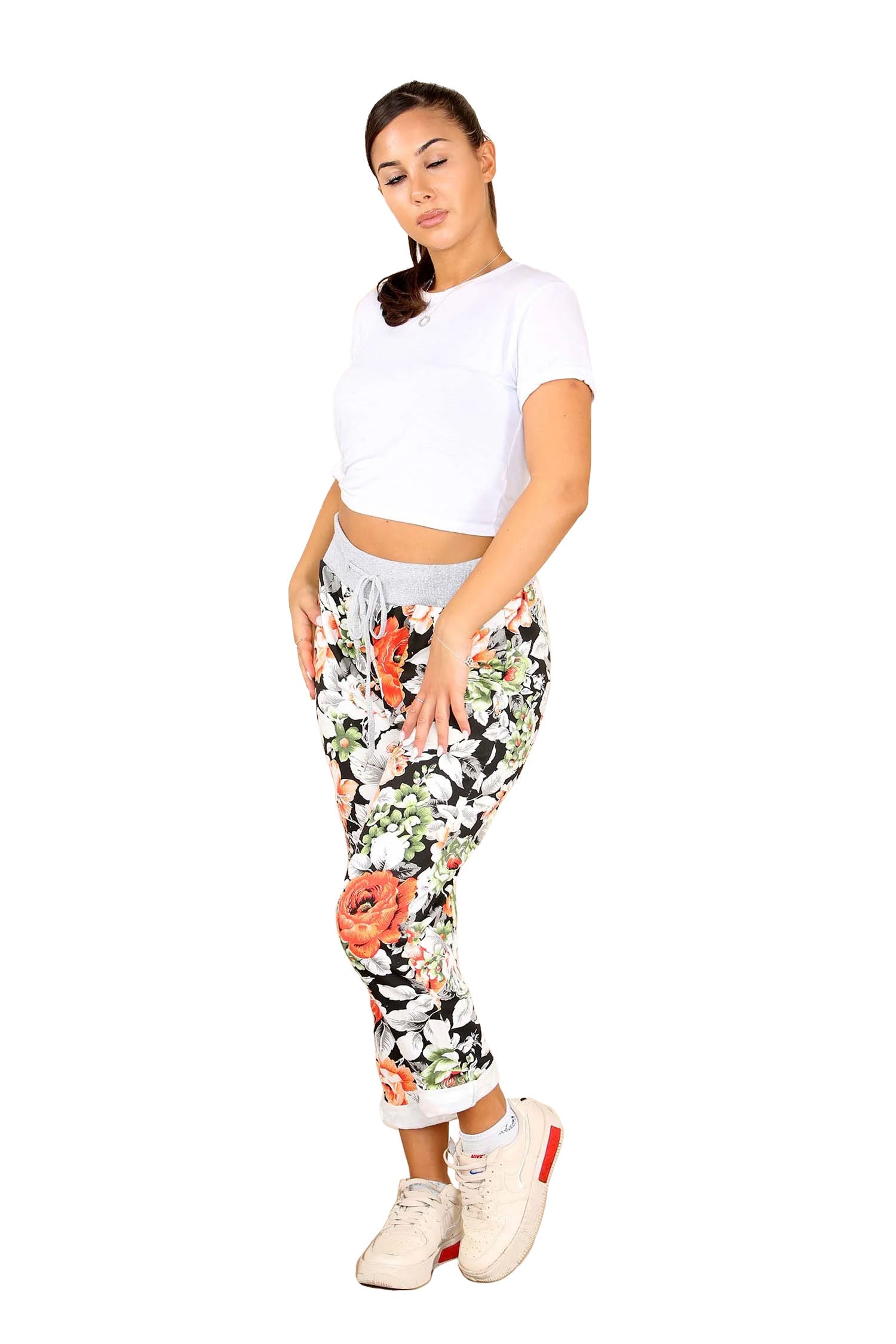 Italian Floral Print Drawstring Cotton Joggers - Multy