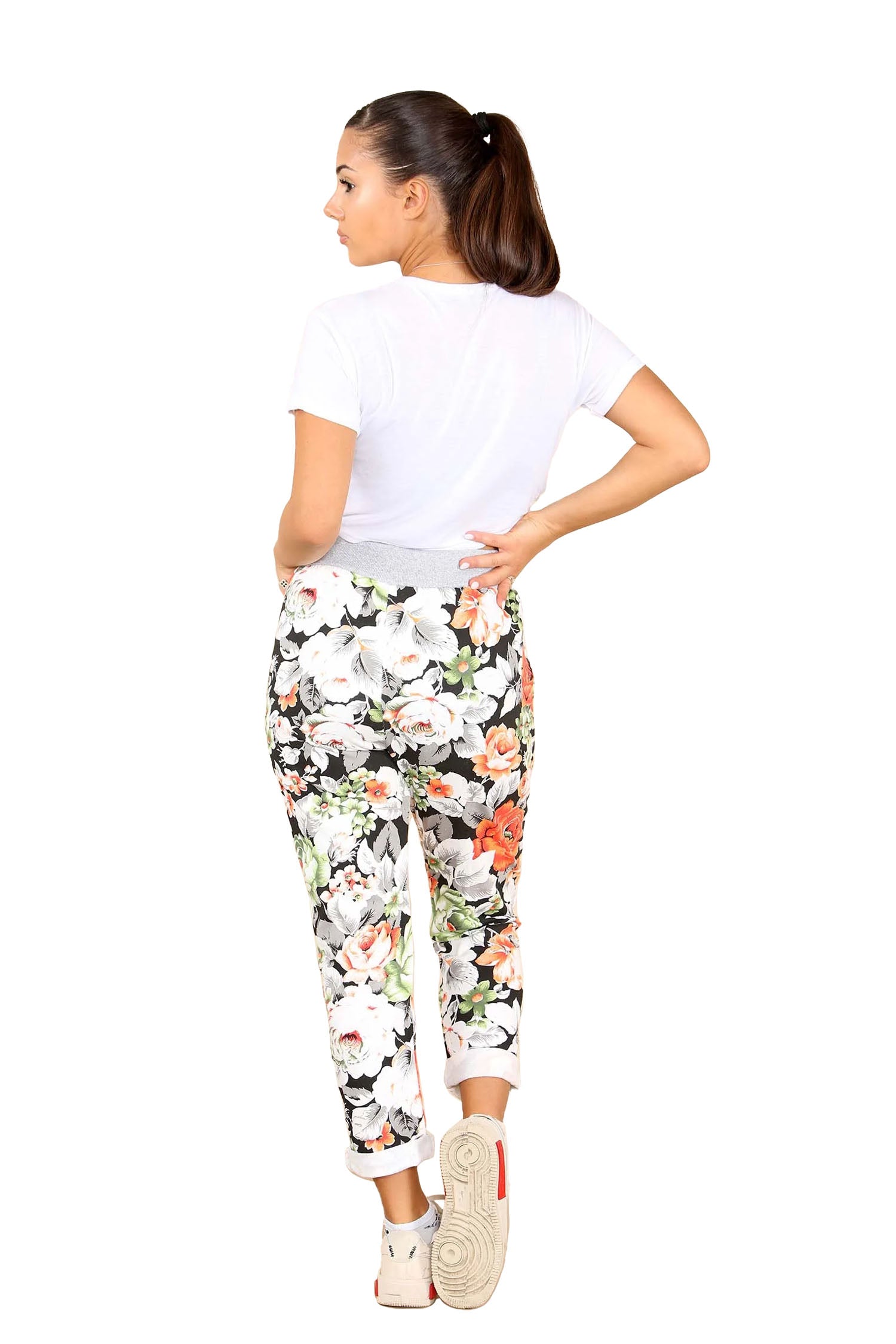 Italian Floral Print Drawstring Cotton Joggers - Multy