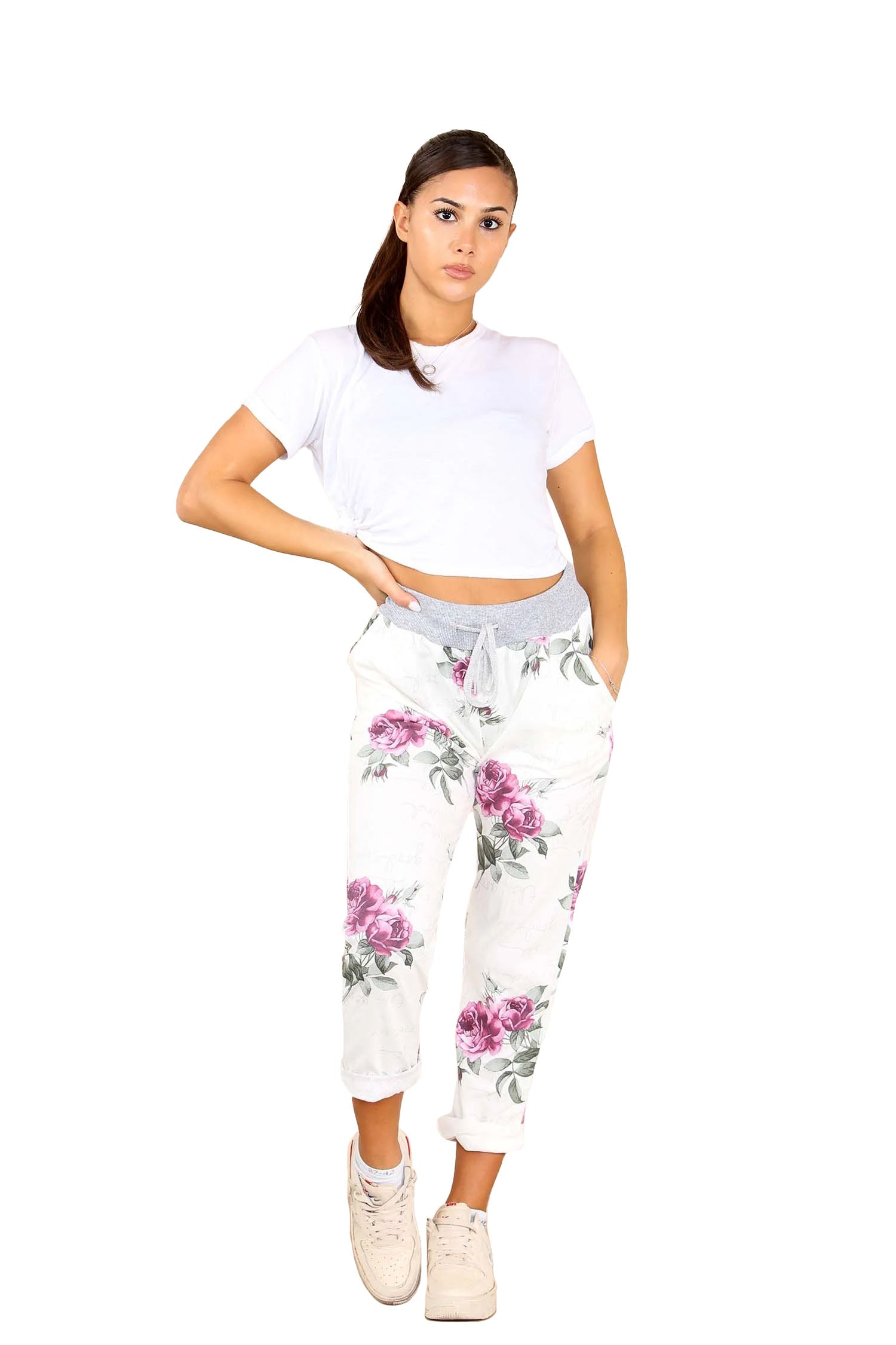 Italian Floral Print Drawstring Cotton Joggers - Pink