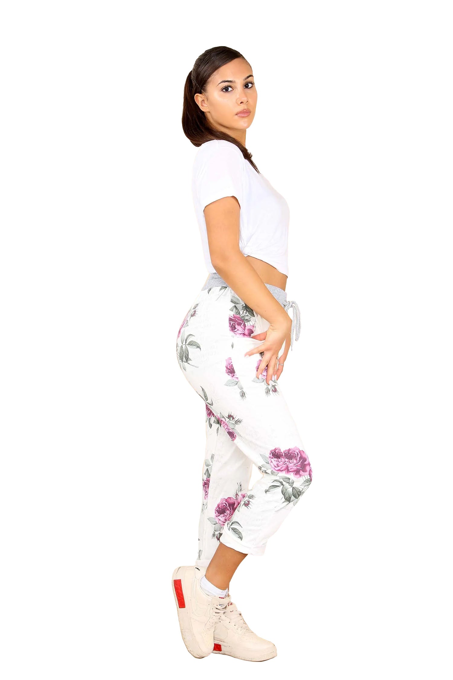 Italian Floral Print Drawstring Cotton Joggers - Pink