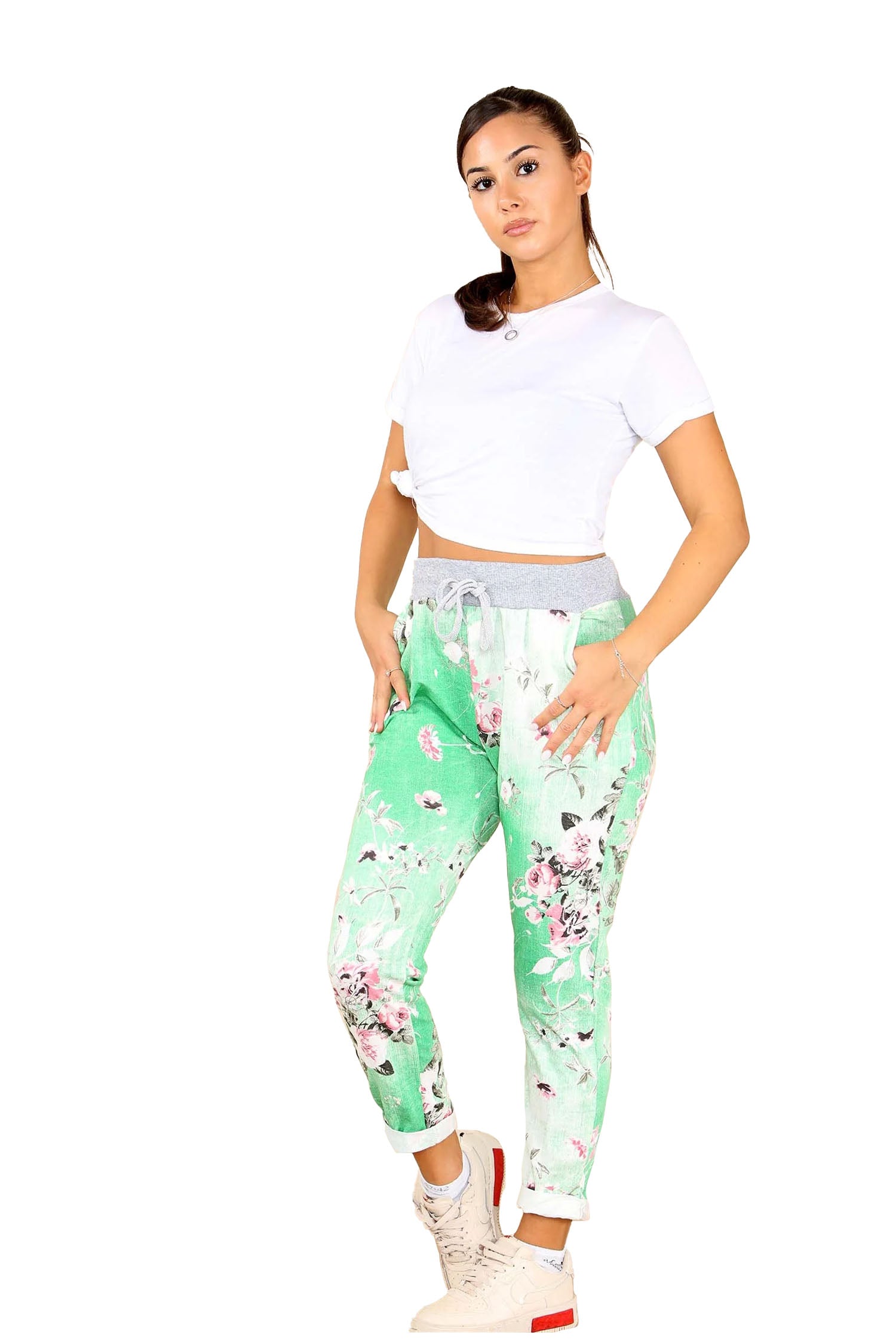 Italian Floral Print Drawstring Cotton Joggers - Pista