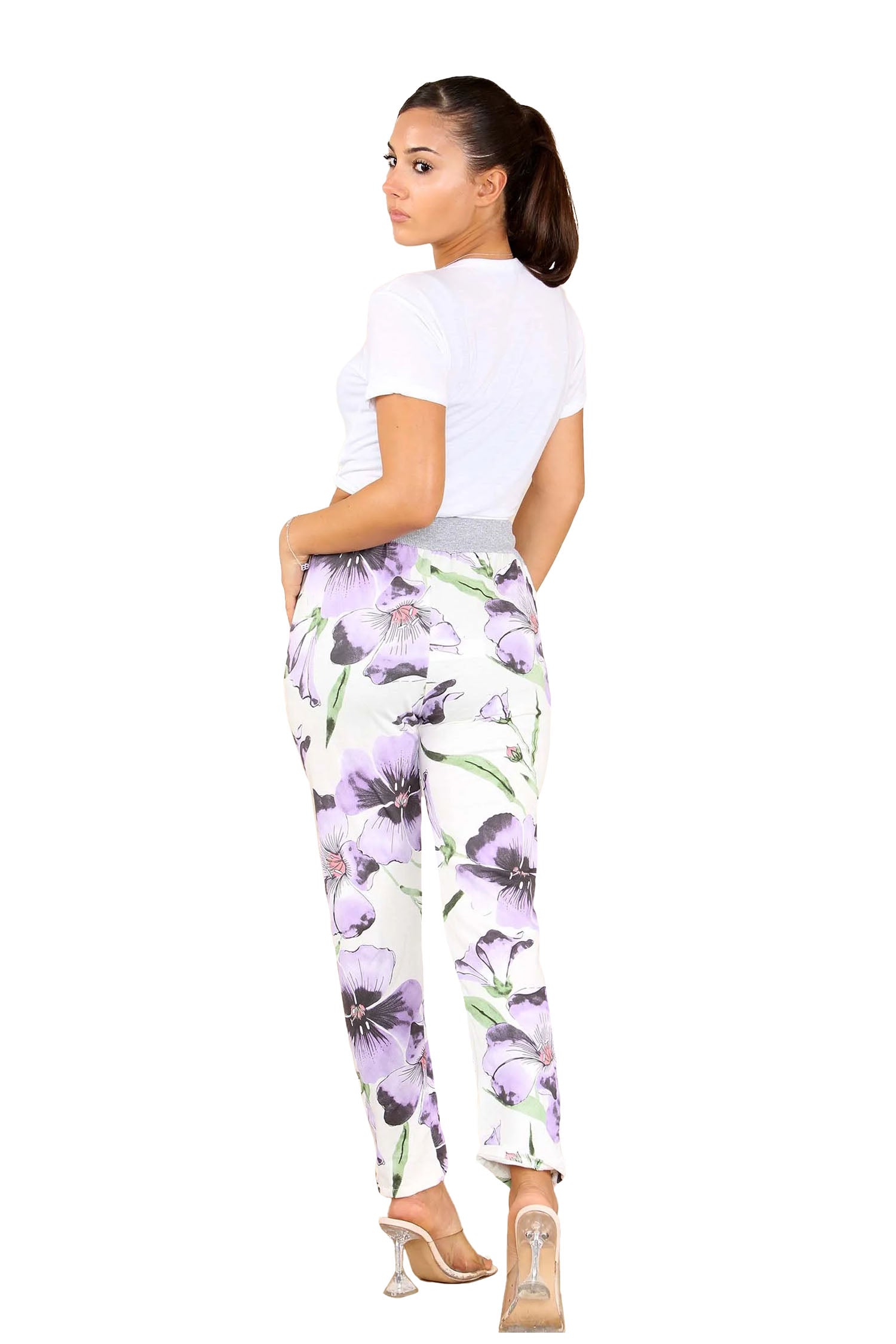 Italian Floral Print Drawstring Cotton Joggers - Purple