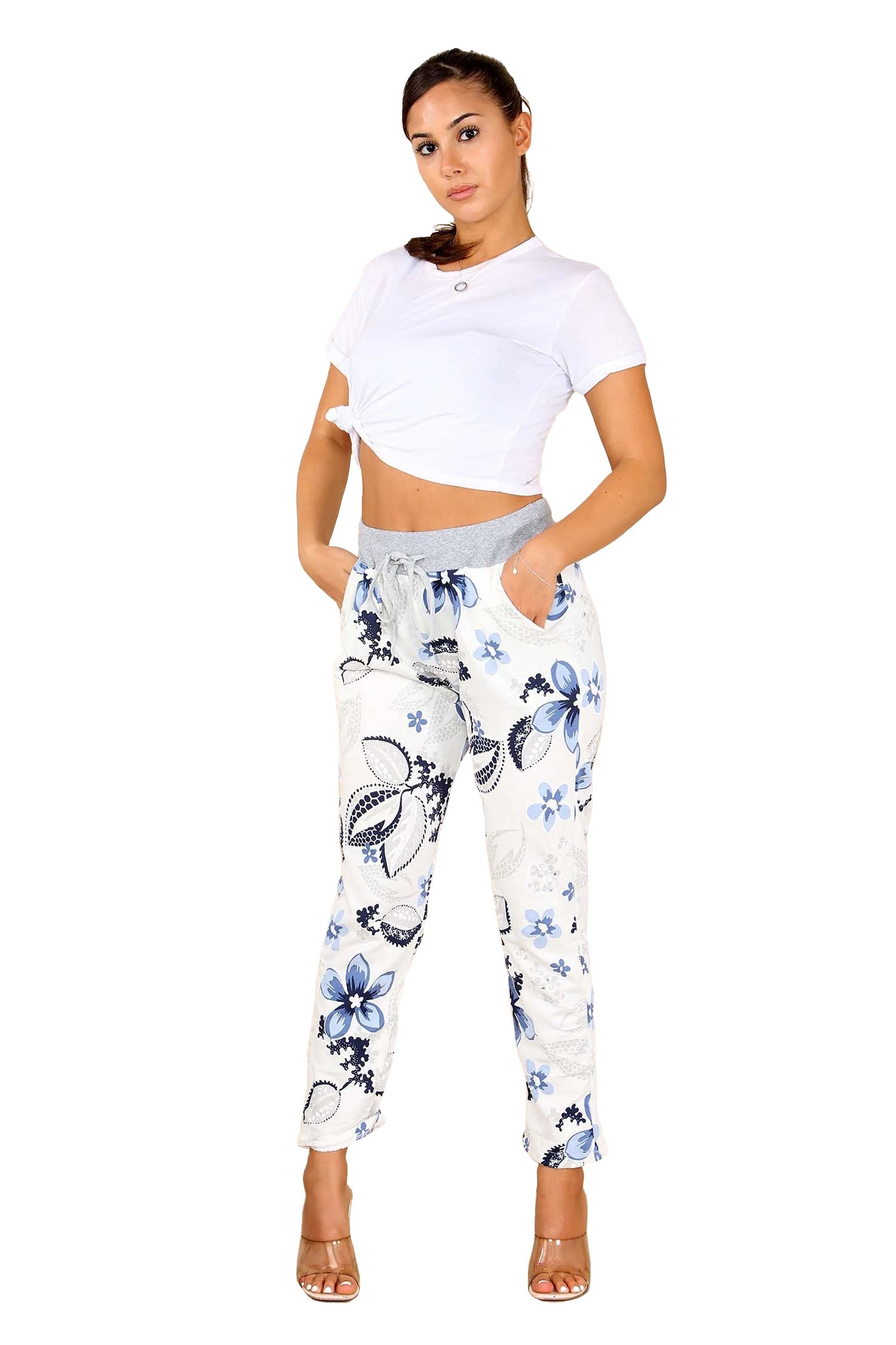 Italian Floral Print Drawstring Cotton Joggers - White