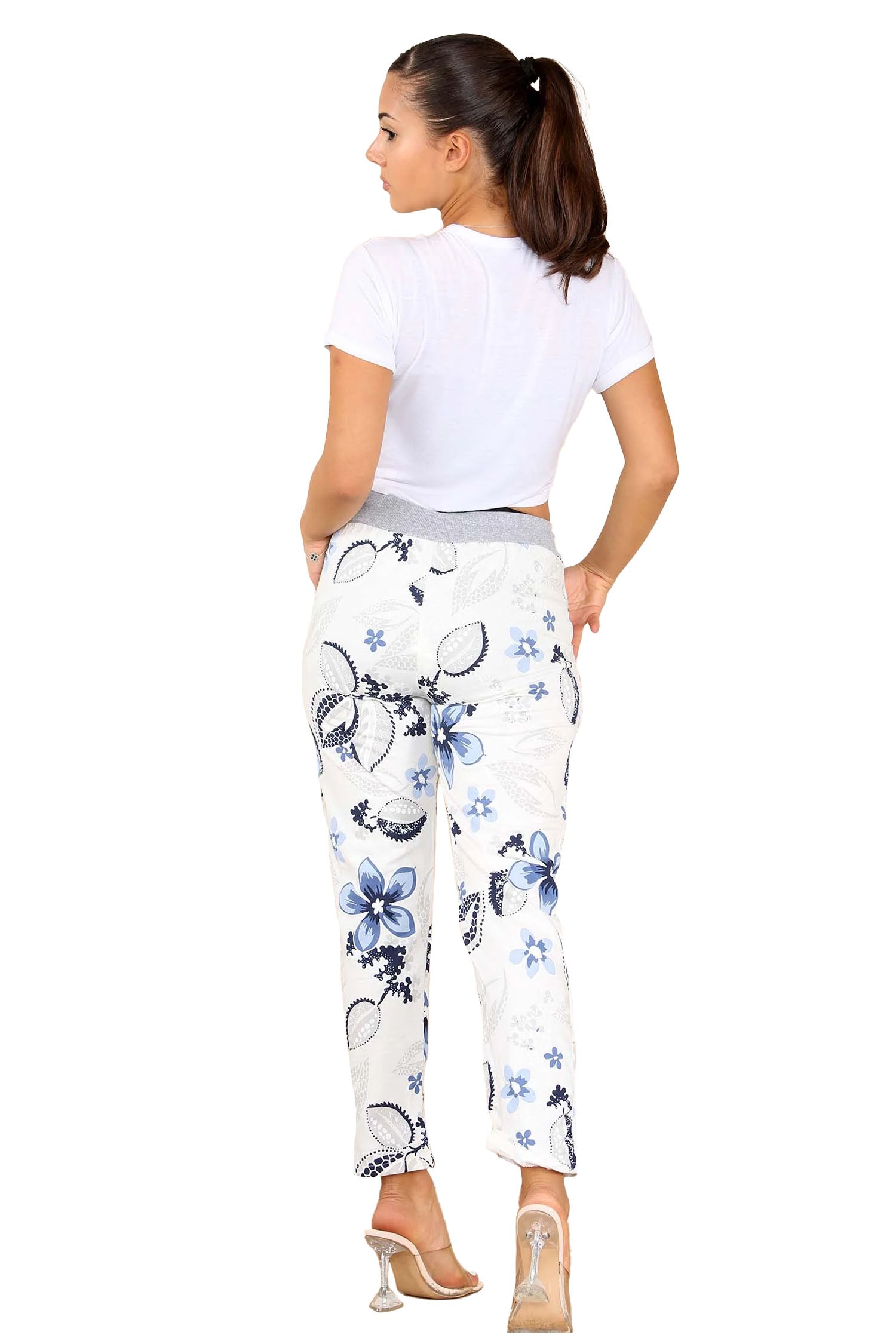 Italian Floral Print Drawstring Cotton Joggers - White