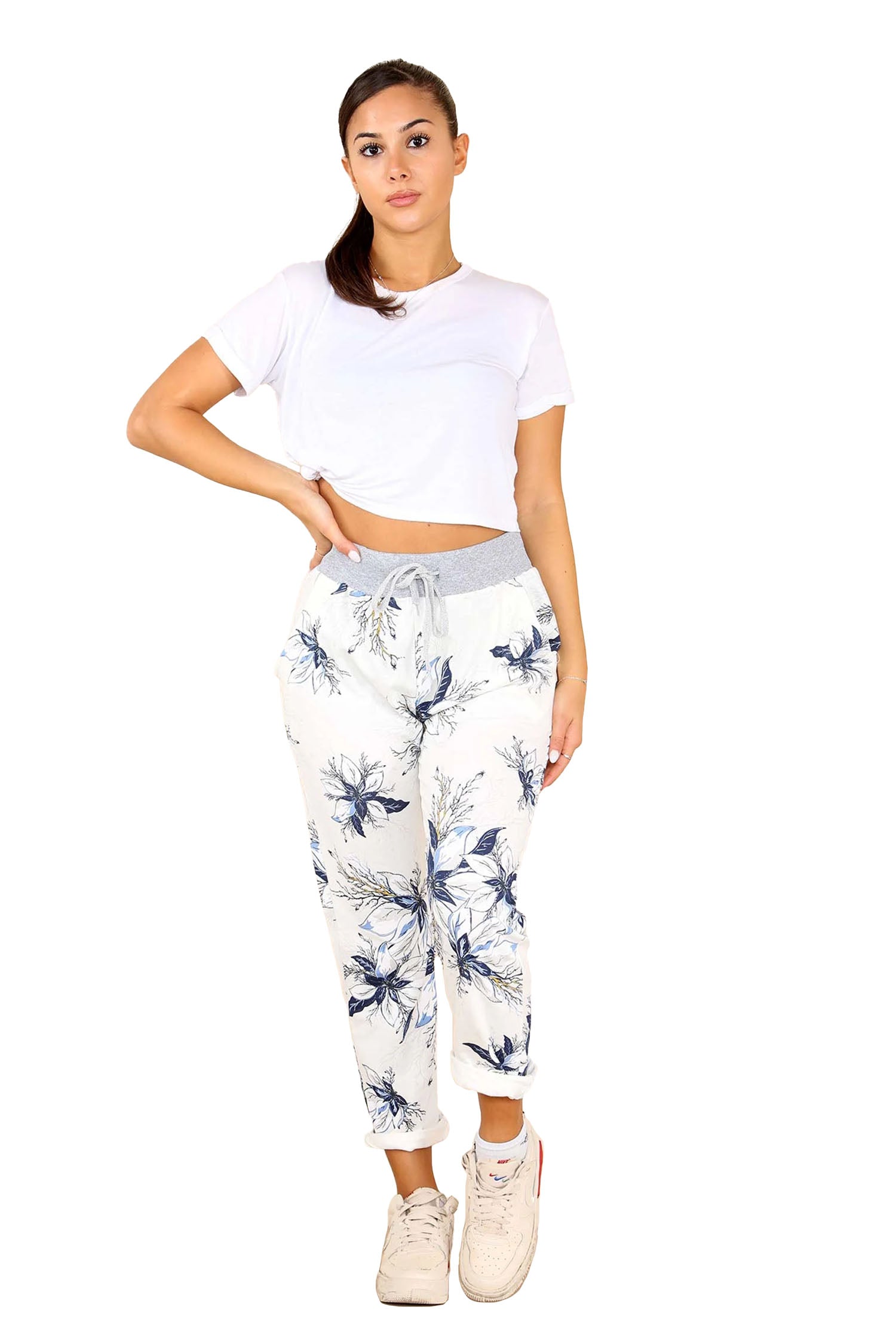 Italian Floral Print Drawstring Cotton Joggers - White