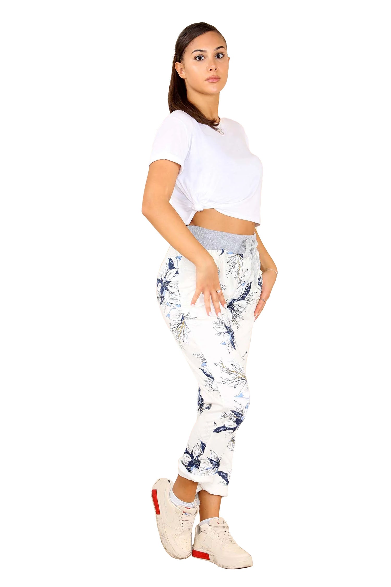 Italian Floral Print Drawstring Cotton Joggers - White