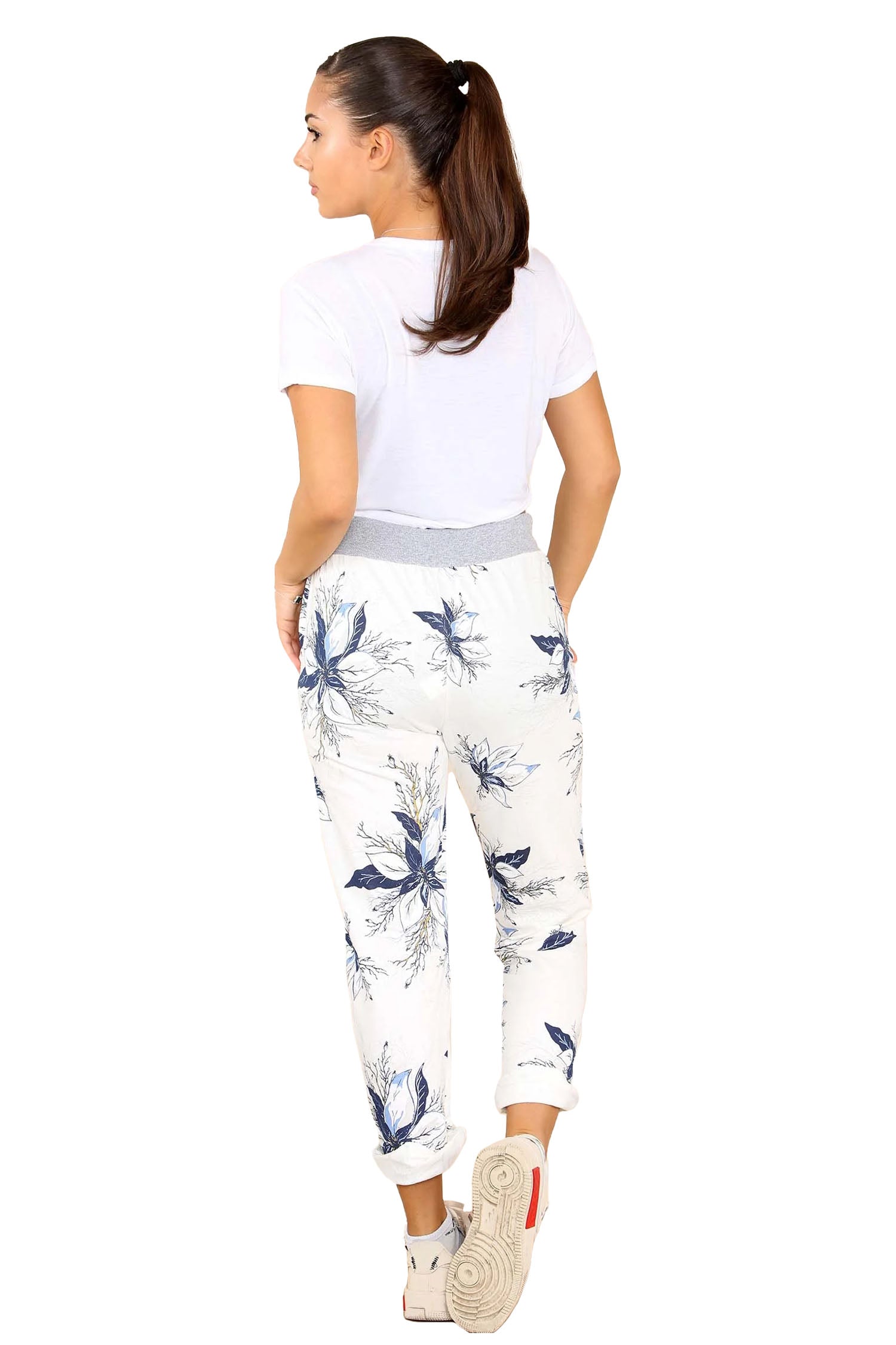 Italian Floral Print Drawstring Cotton Joggers - White