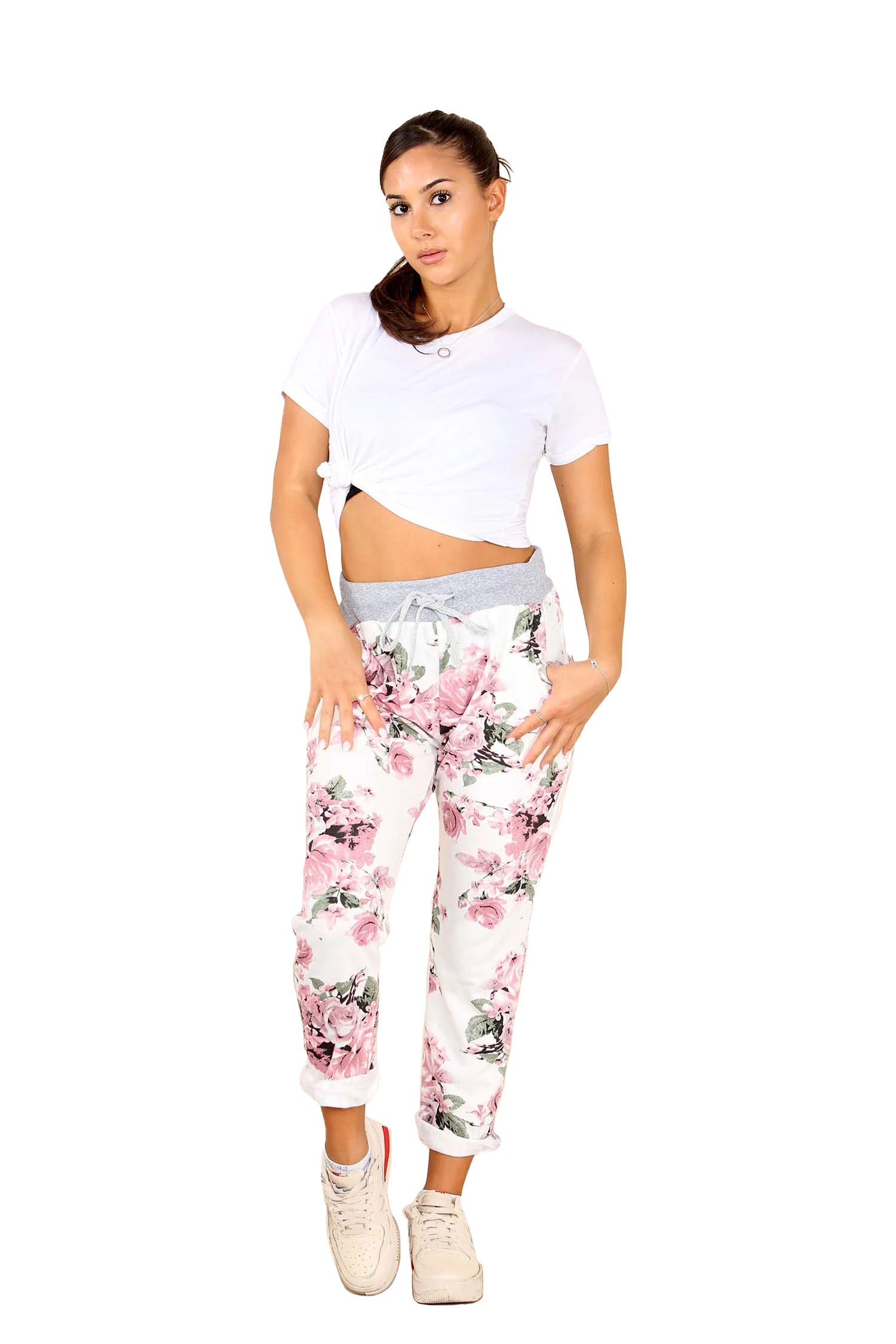 Italian Floral Print Drawstring Cotton Joggers - White