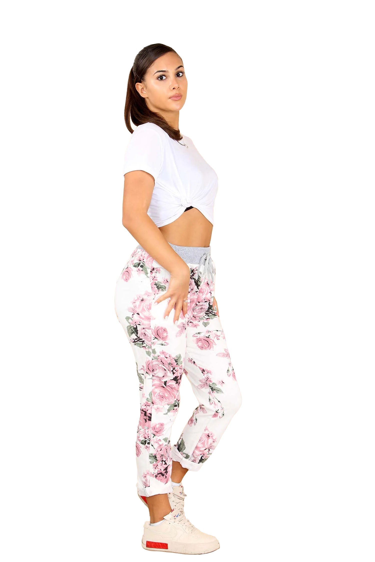 Italian Floral Print Drawstring Cotton Joggers - White