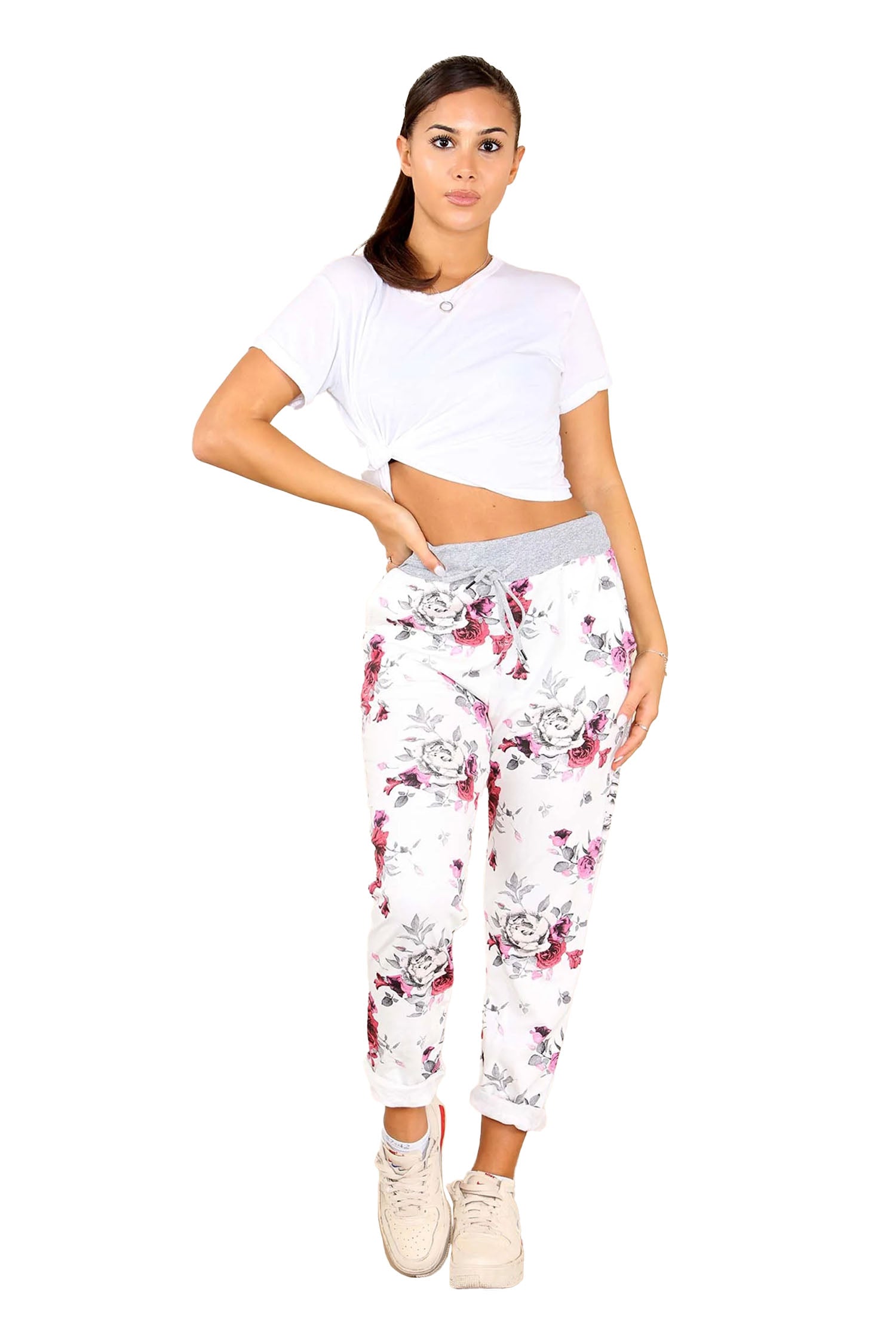 Italian Floral Print Drawstring Cotton Joggers - White