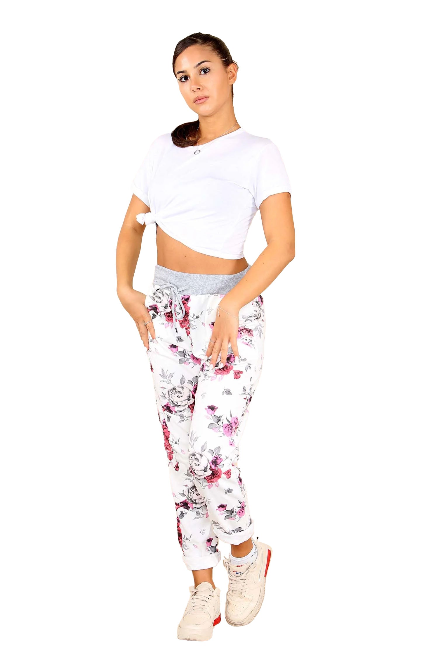 Italian Floral Print Drawstring Cotton Joggers - White