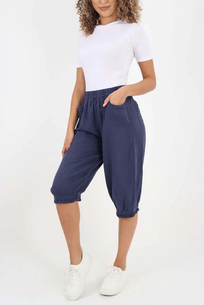 Italian Frill Hem 3/4 Linen Jogger - Dark Denim