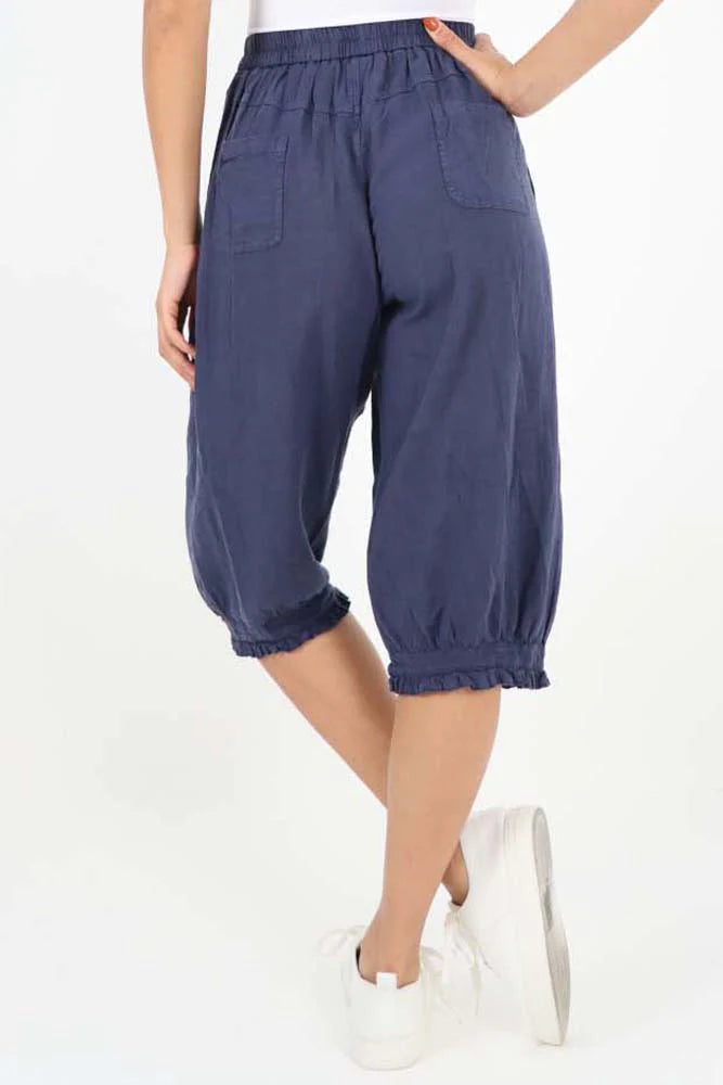 Italian Frill Hem 3/4 Linen Jogger - Dark Denim