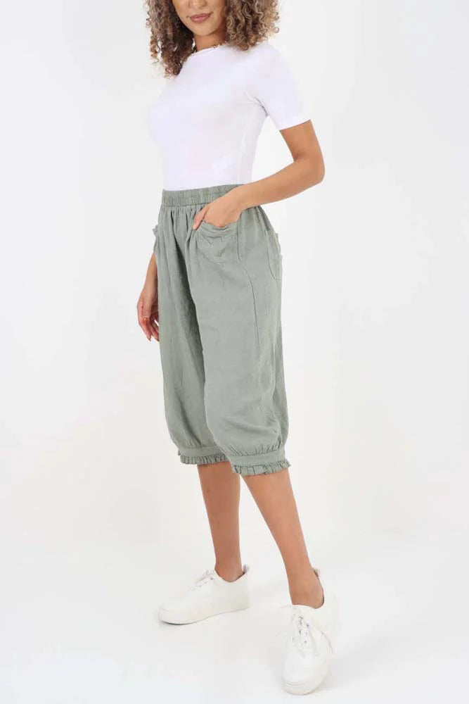 Italian Frill Hem 3/4 Linen Jogger - Grey