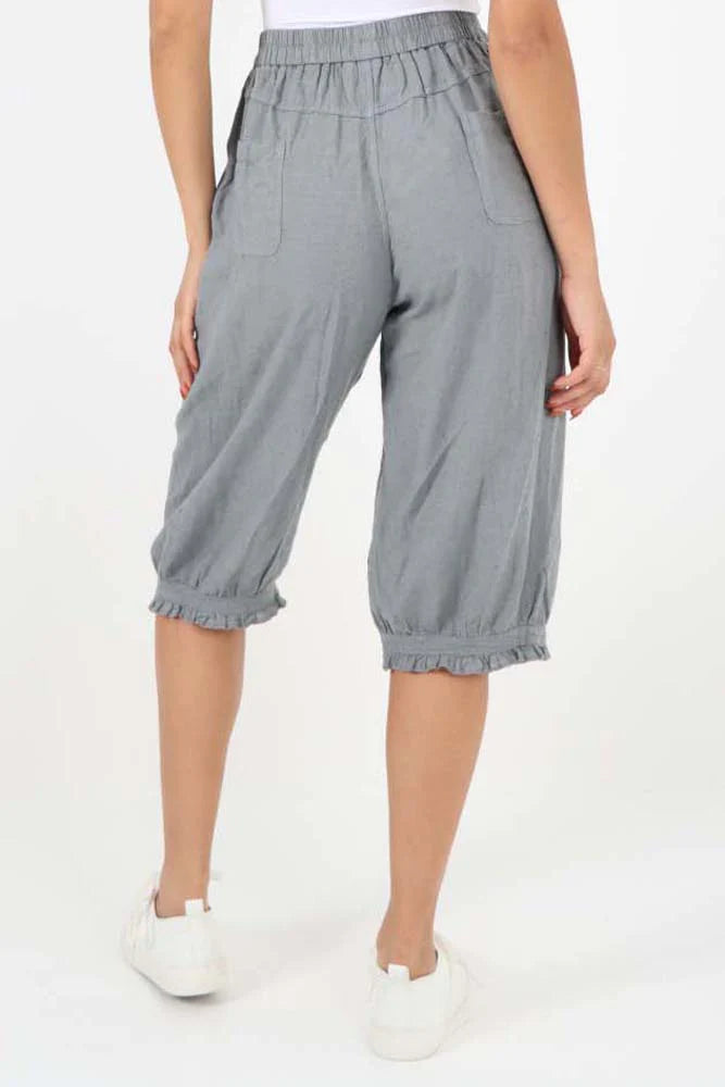 Italian Frill Hem 3/4 Linen Jogger - Grey