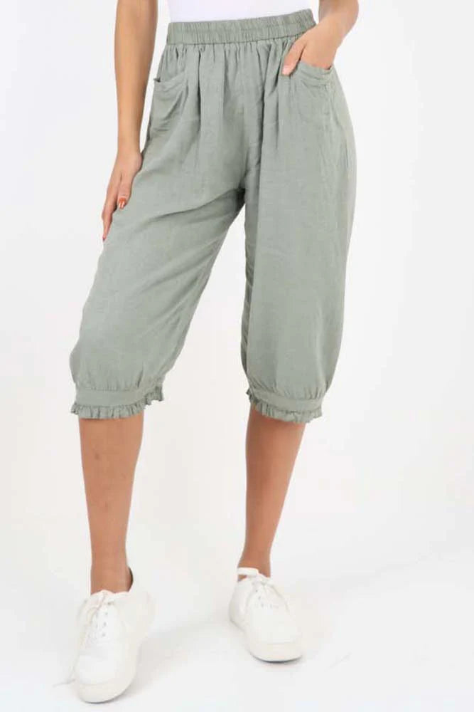 Italian Frill Hem 3/4 Linen Jogger - Khaki