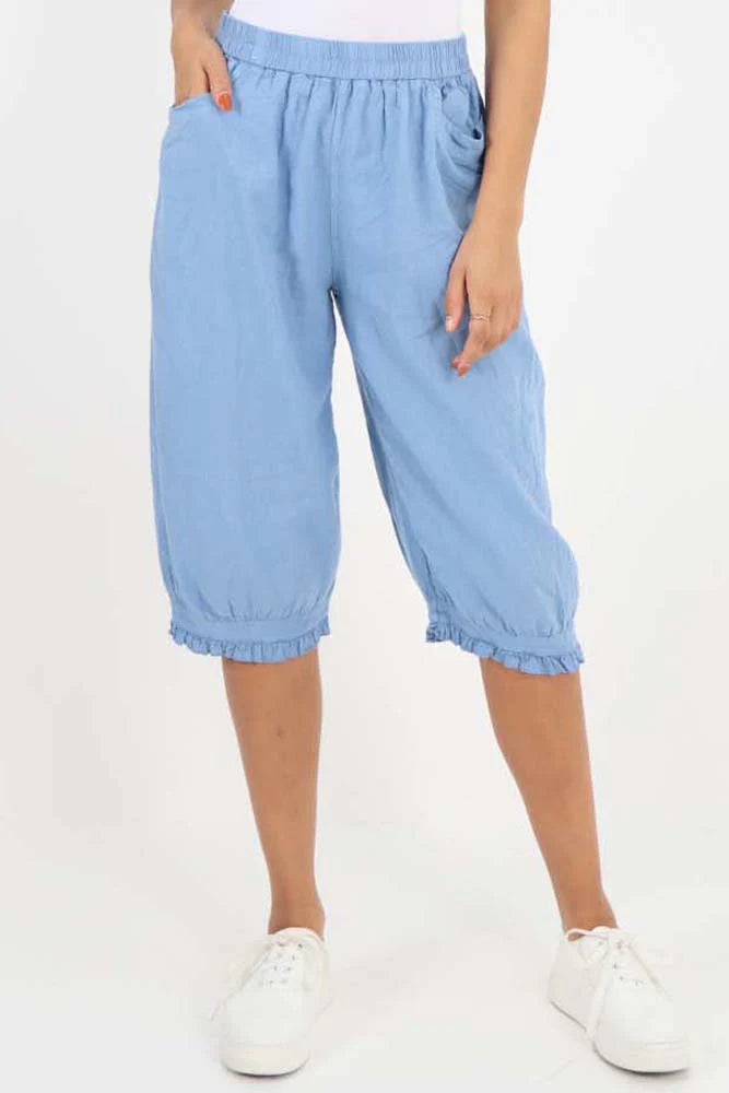 Italian Frill Hem 3/4 Linen Jogger - Light Denim