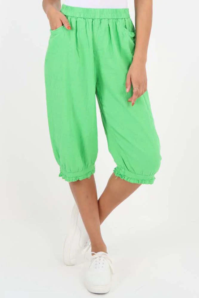 Italian Frill Hem 3/4 Linen Jogger - Lime Green