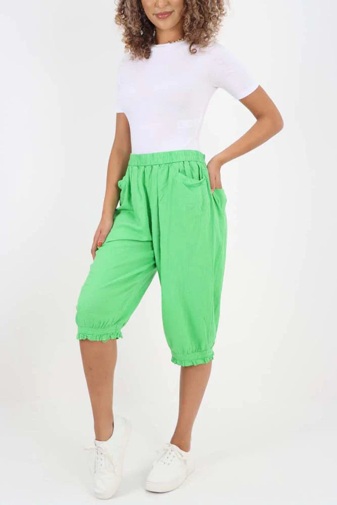 Italian Frill Hem 3/4 Linen Jogger - Lime Green