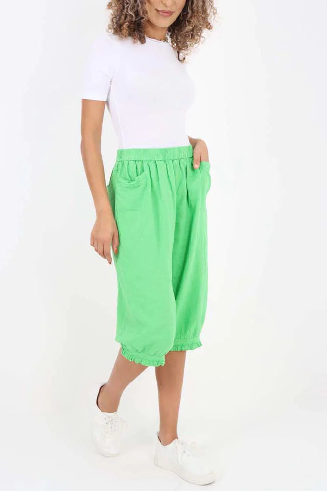 Italian Frill Hem 3/4 Linen Jogger - Lime Green