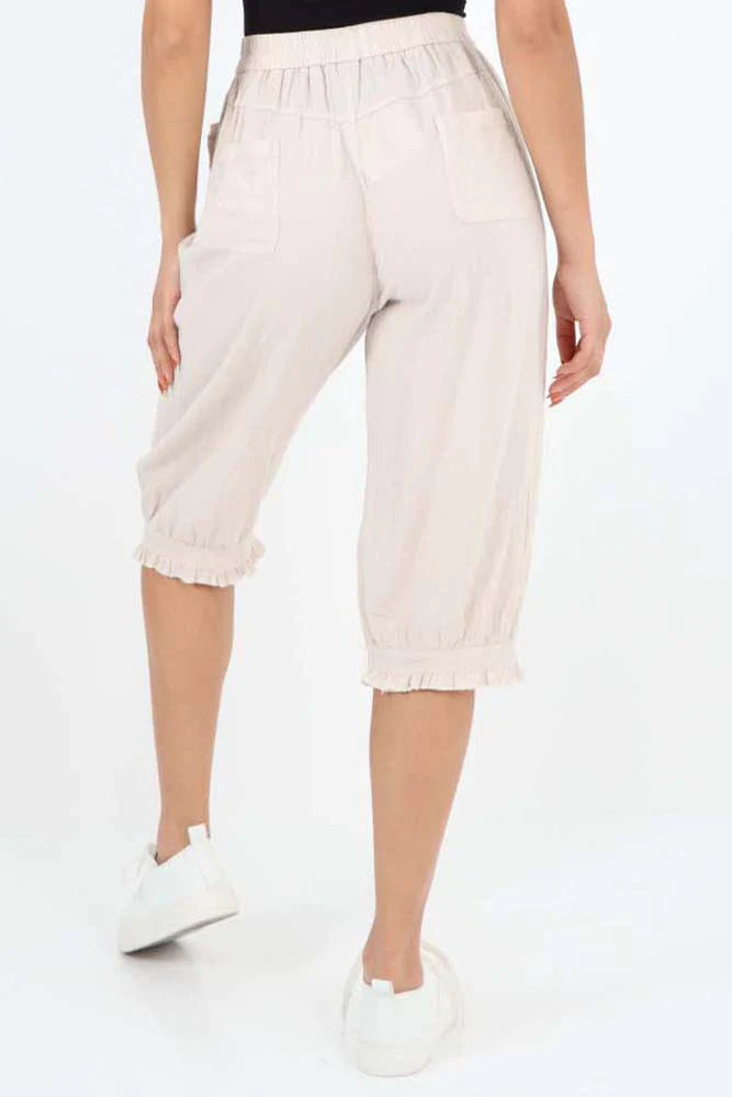 Italian Frill Hem 3/4 Linen Jogger - Nude