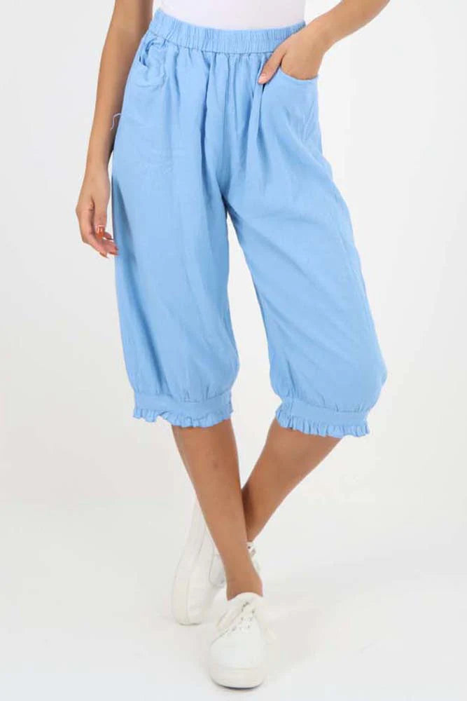 Italian Frill Hem 3/4 Linen Jogger - Sky Blue