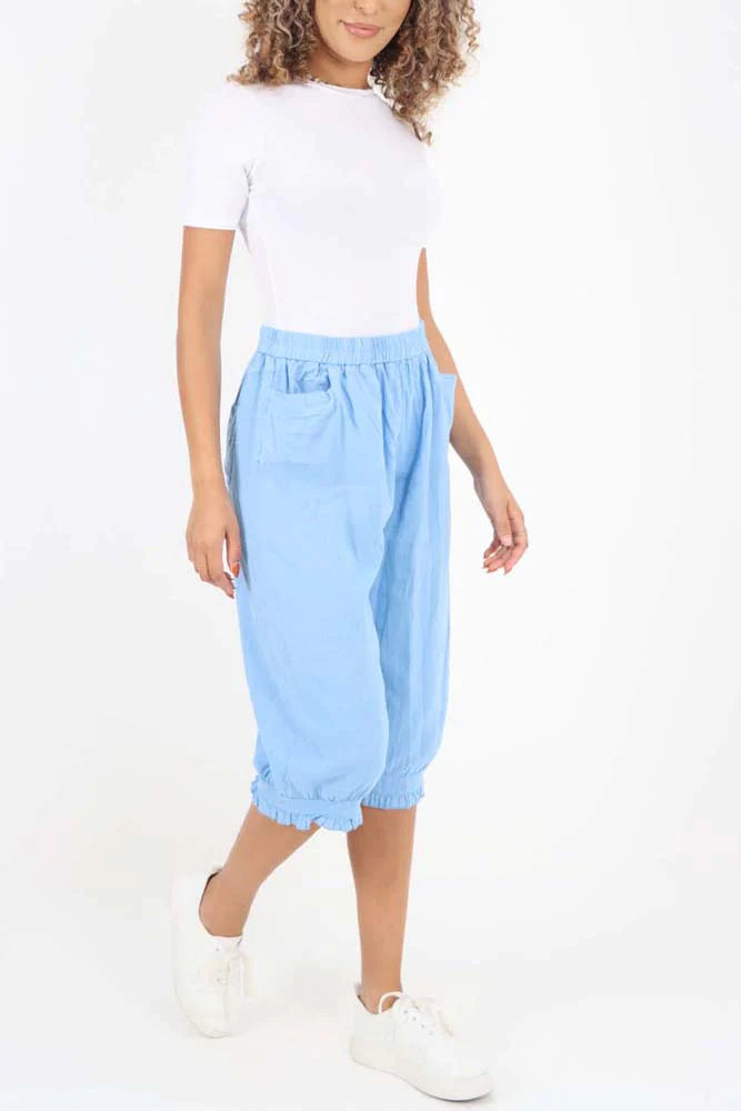 Italian Frill Hem 3/4 Linen Jogger - Sky Blue