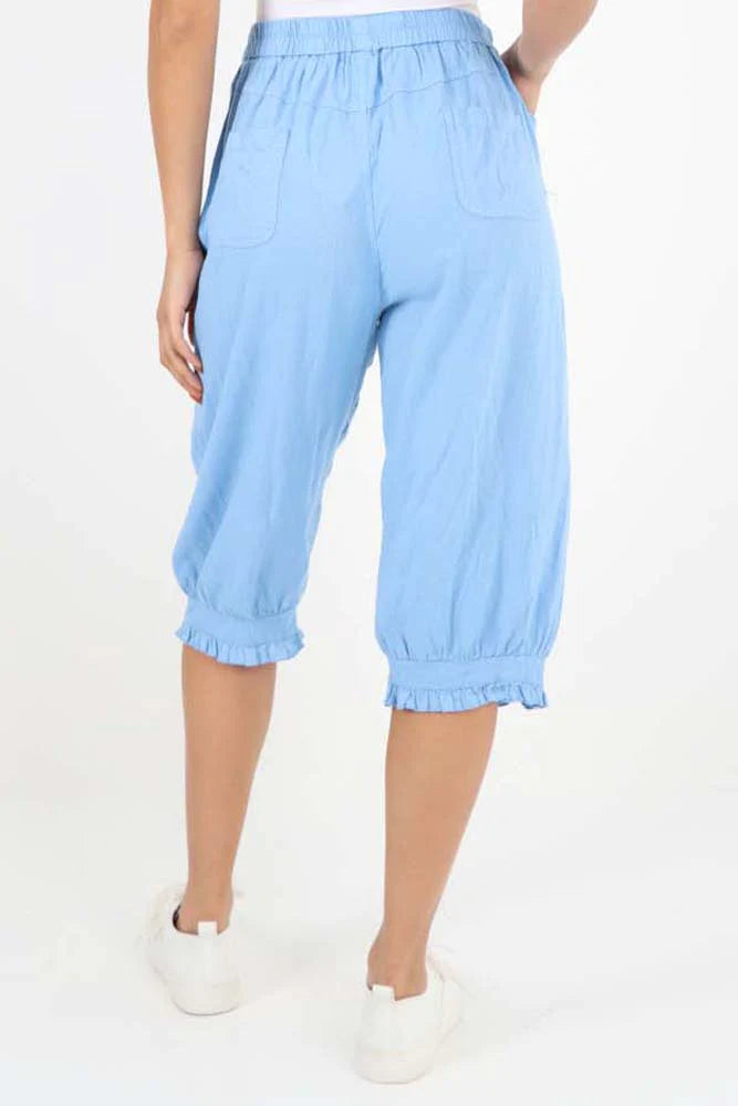 Italian Frill Hem 3/4 Linen Jogger - Sky Blue