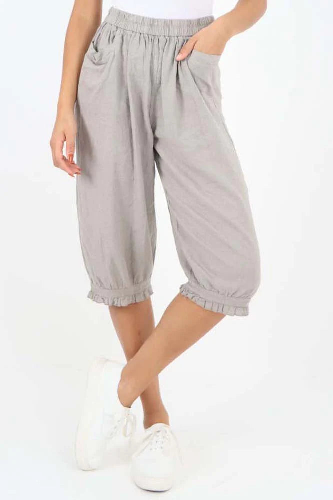 Italian Frill Hem 3/4 Linen Jogger - Stone