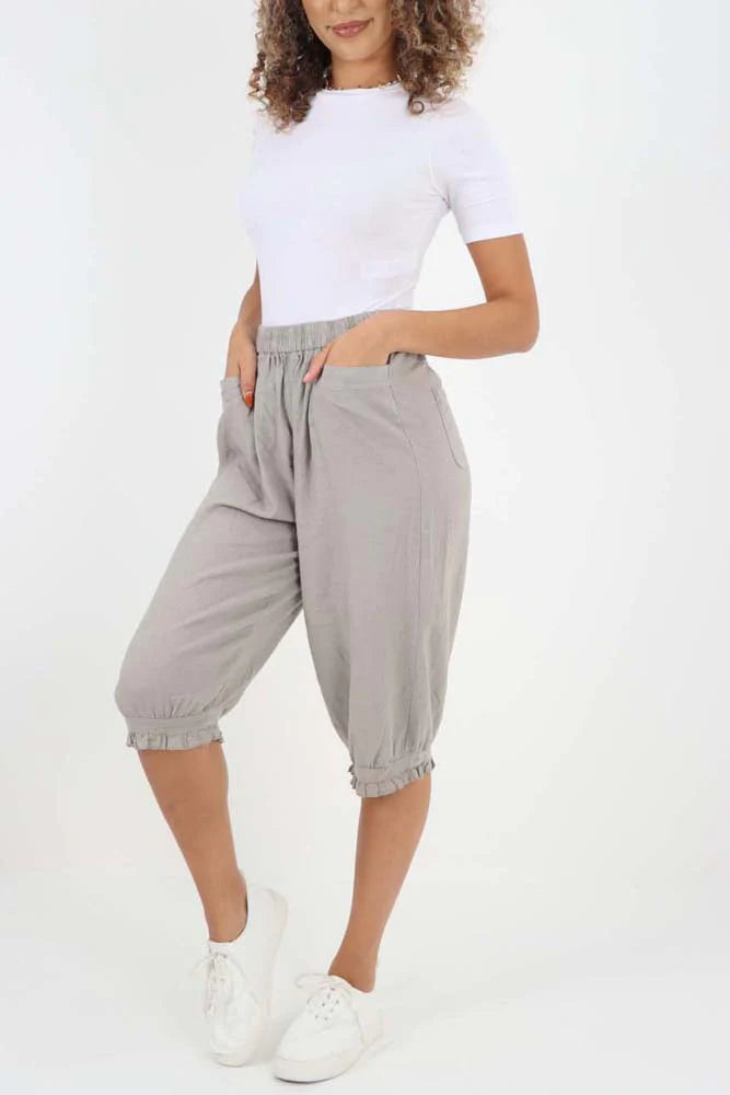 Italian Frill Hem 3/4 Linen Jogger - Stone