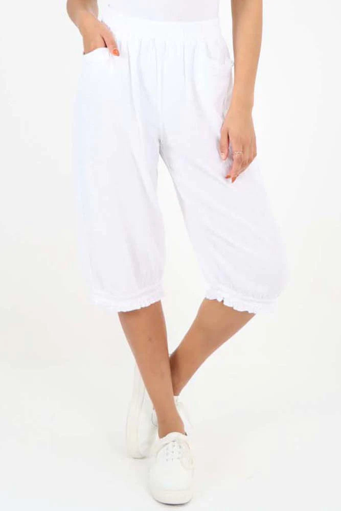 Italian Frill Hem 3/4 Linen Jogger - White