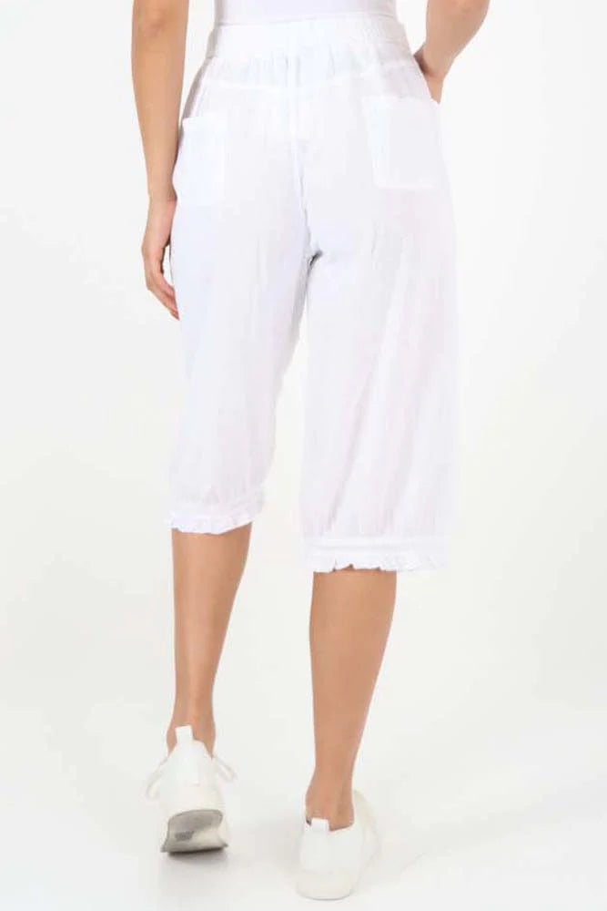 Italian Frill Hem 3/4 Linen Jogger - White