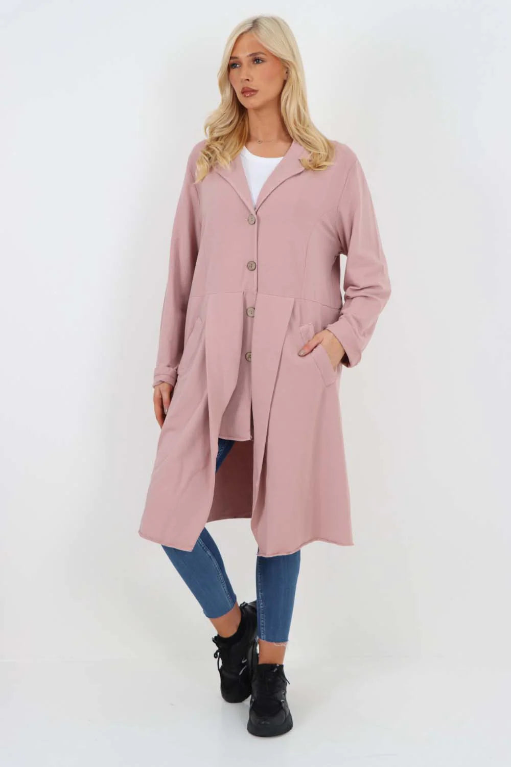 Italian Front Button Fastening Longline Cotton Cardigan - Baby Pink