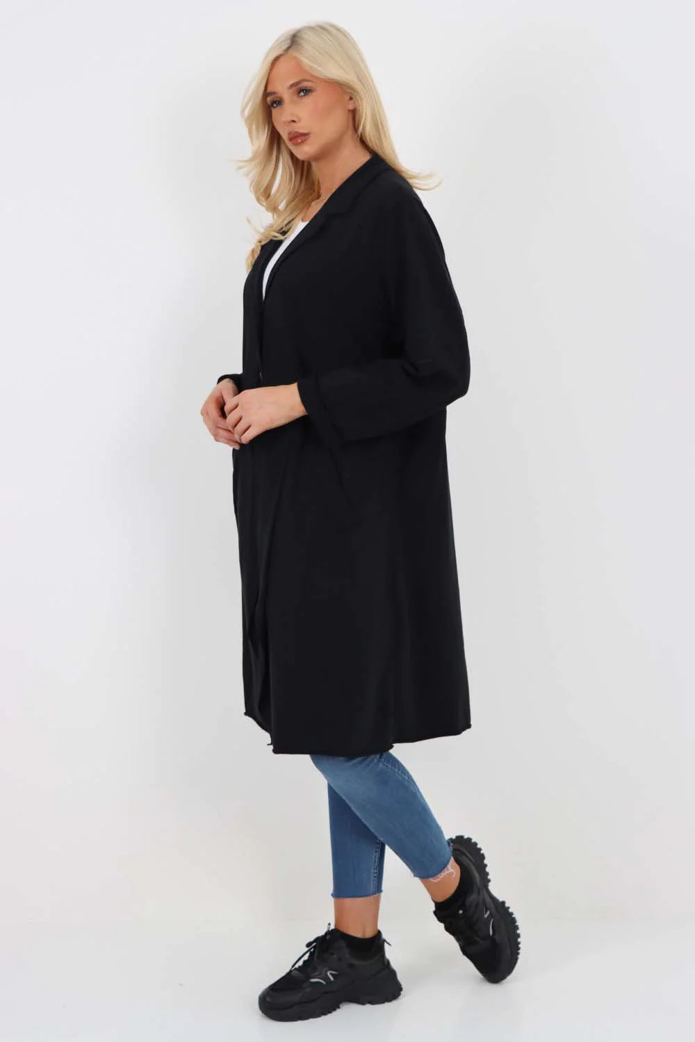 Italian Front Button Fastening Longline Cotton Cardigan - Black