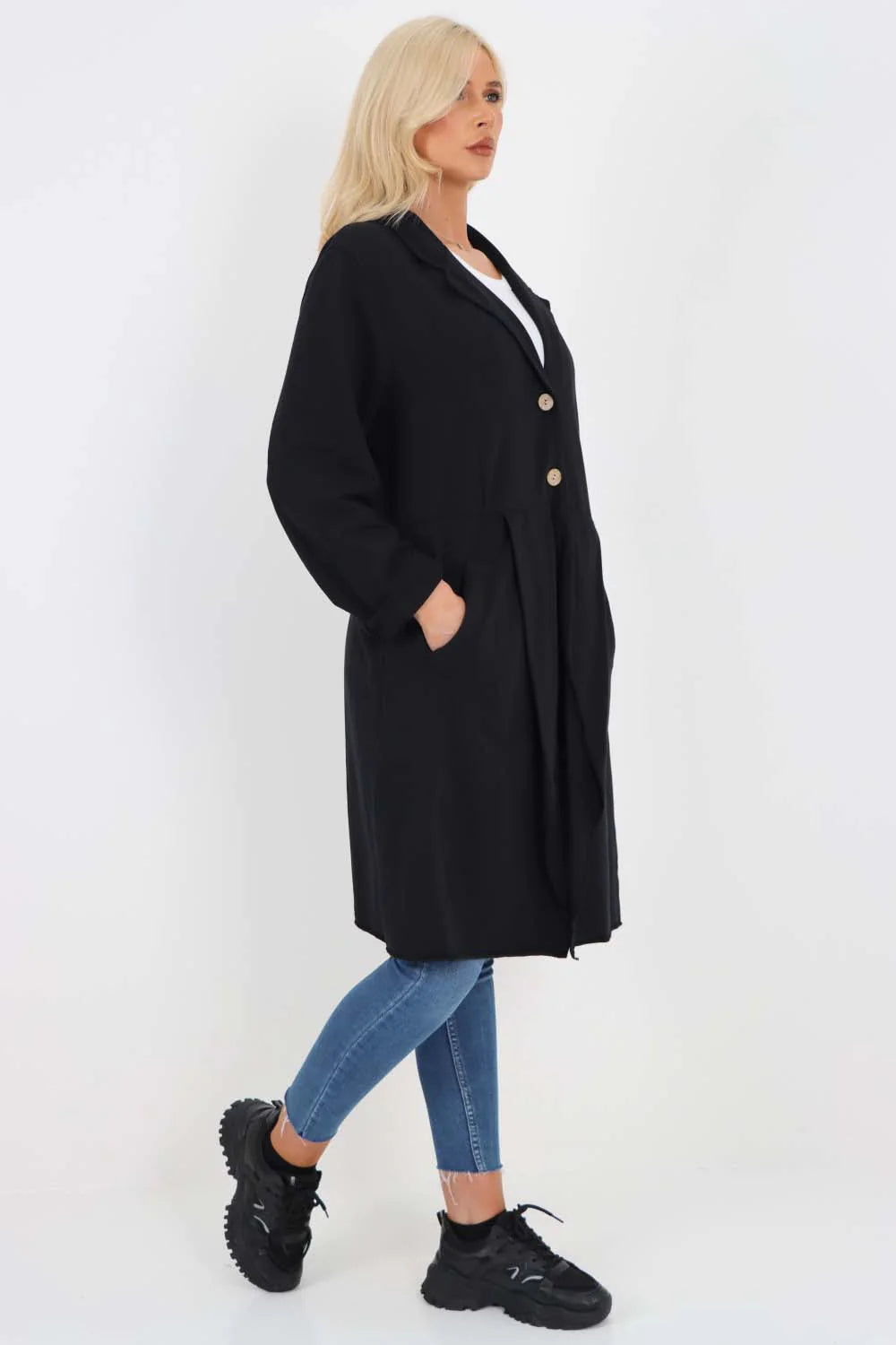 Italian Front Button Fastening Longline Cotton Cardigan - Black