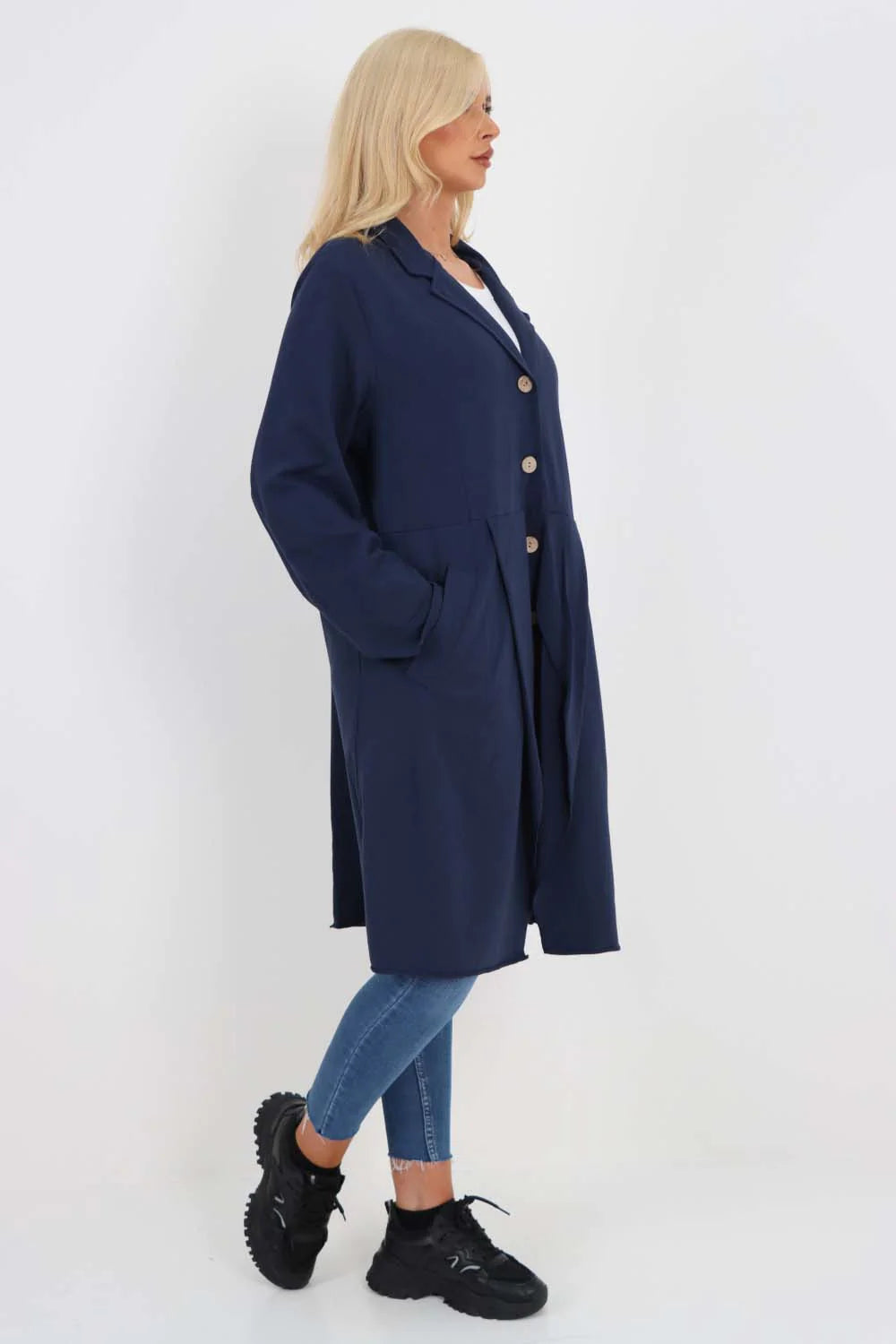 Italian Front Button Fastening Longline Cotton Cardigan - Blue