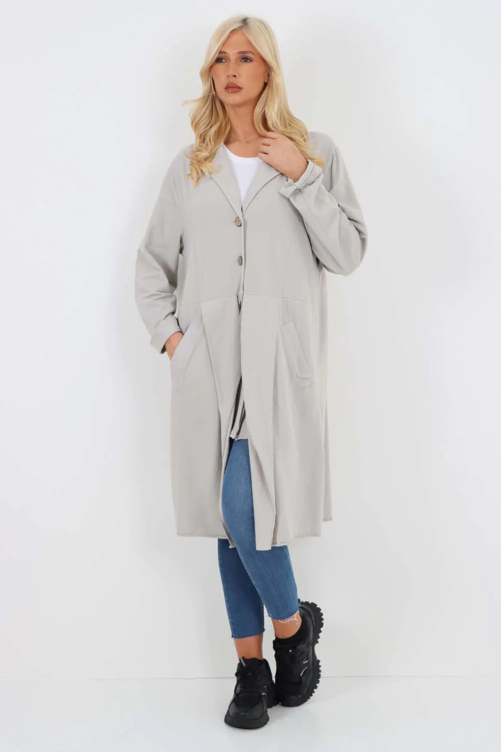 Italian Front Button Fastening Longline Cotton Cardigan - Grey